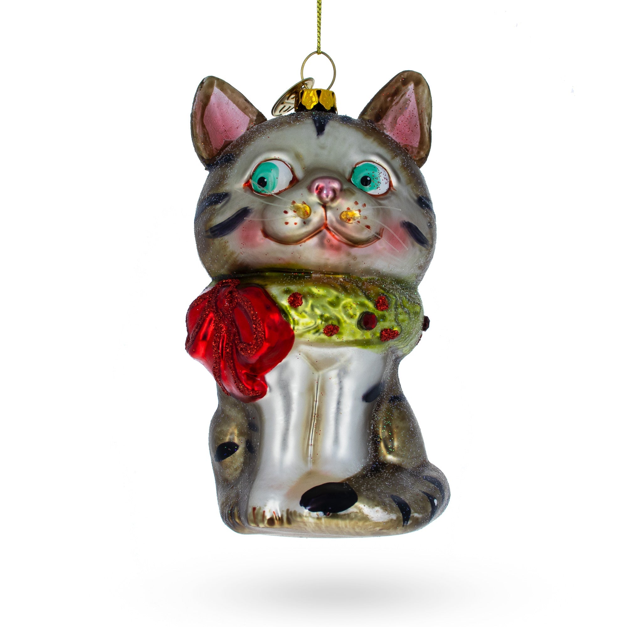 Cat With Sparkling Collar Blown Glass Christmas Ornament