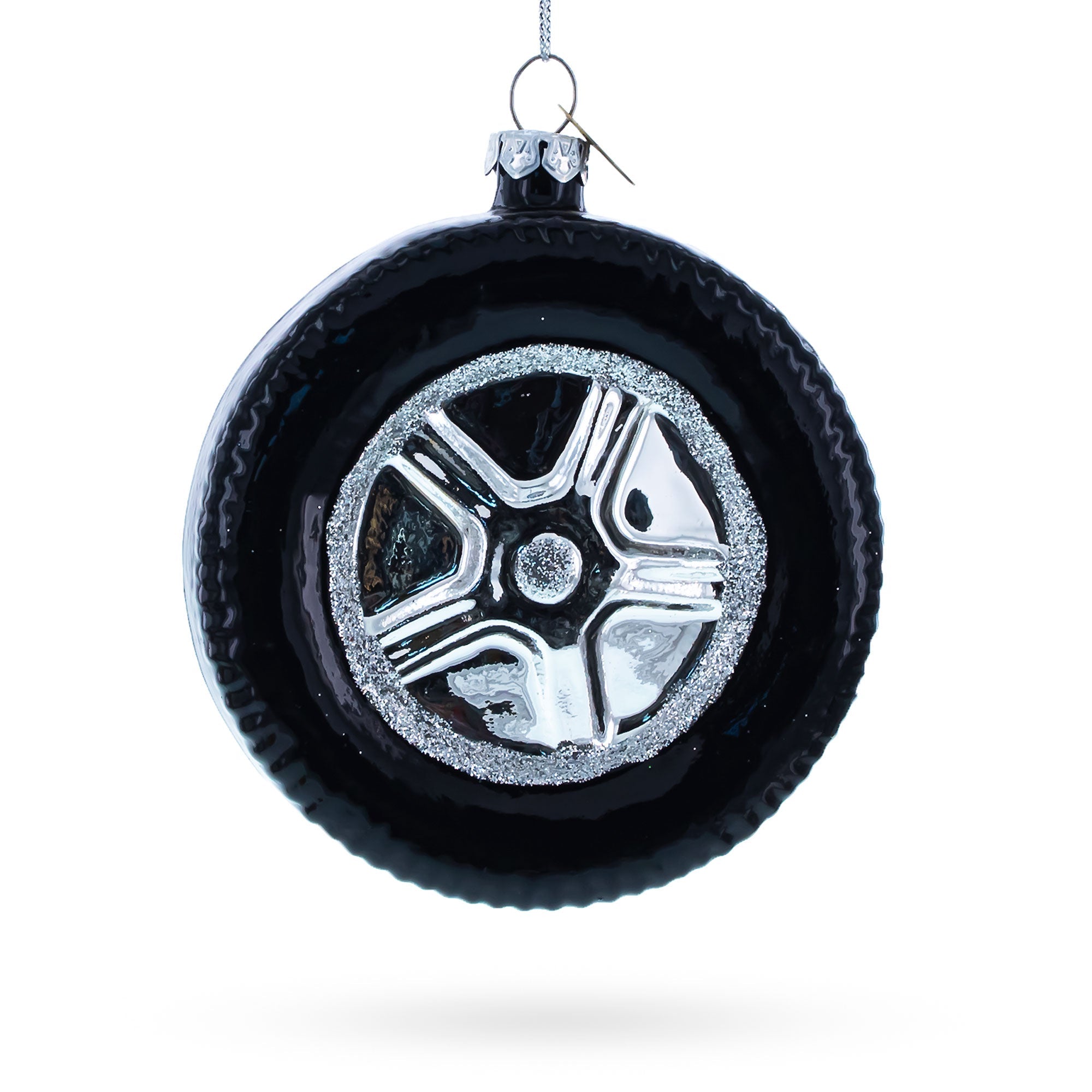 Sleek Black Car Wheel - Blown Glass Christmas Ornament