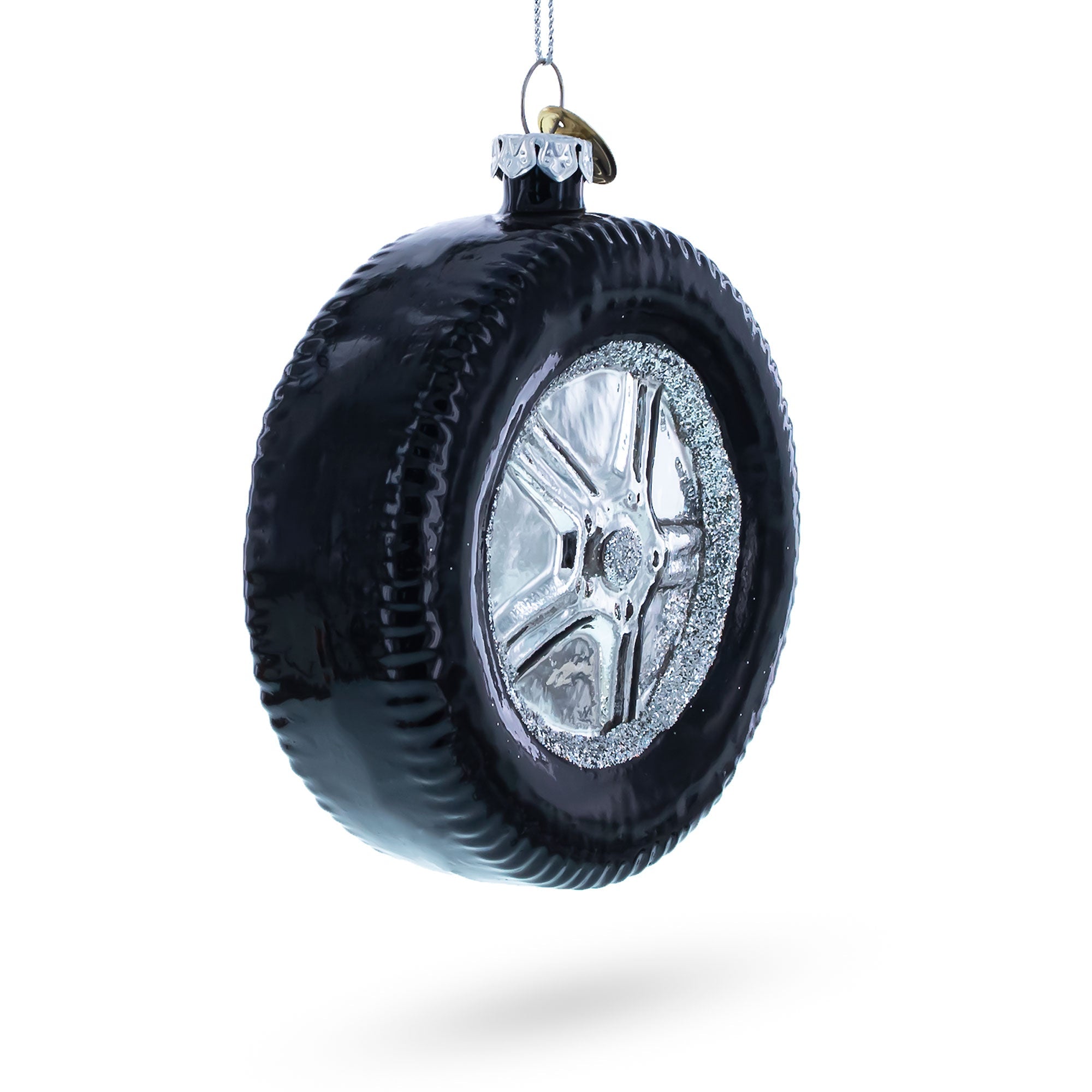 Sleek Black Car Wheel - Blown Glass Christmas Ornament