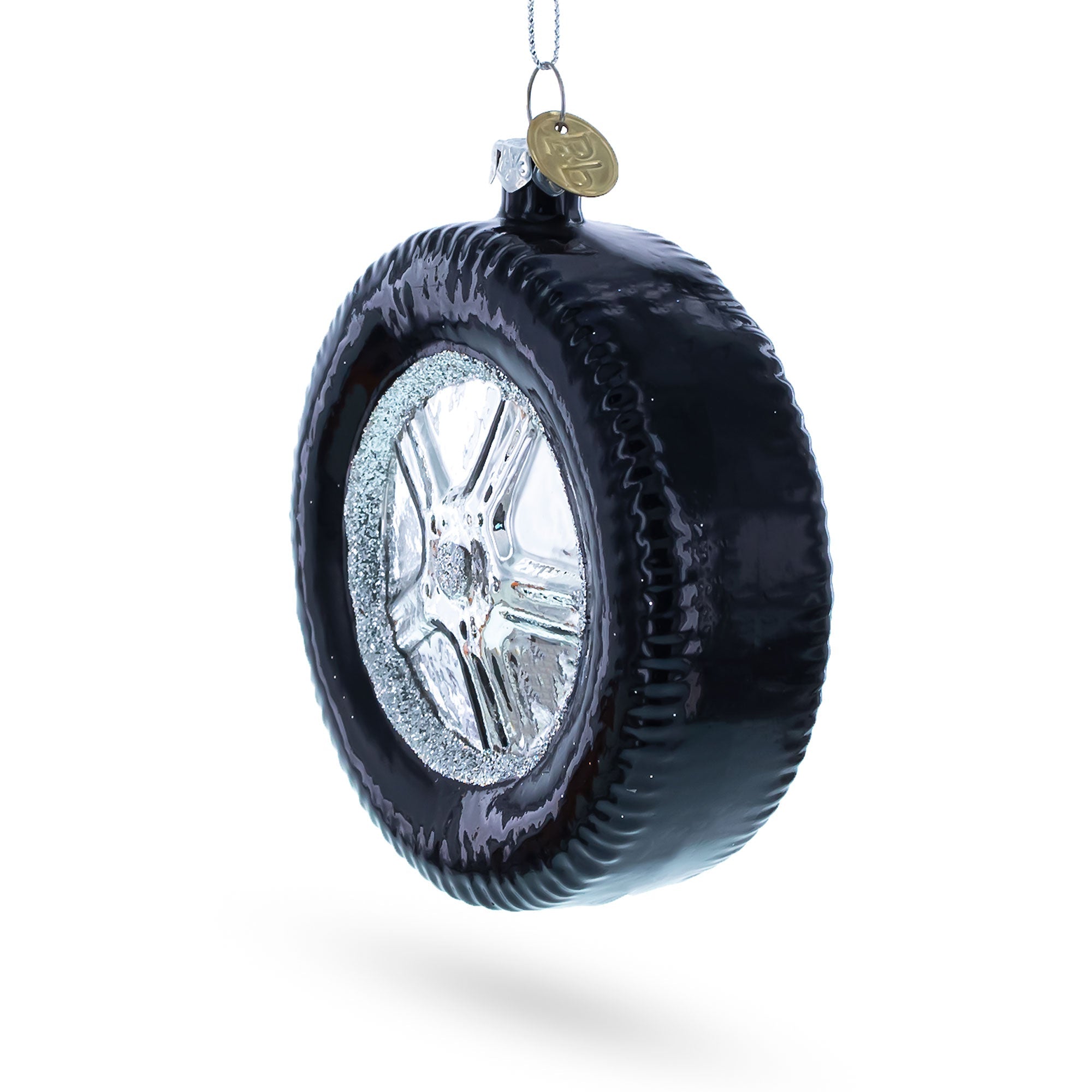 Sleek Black Car Wheel - Blown Glass Christmas Ornament