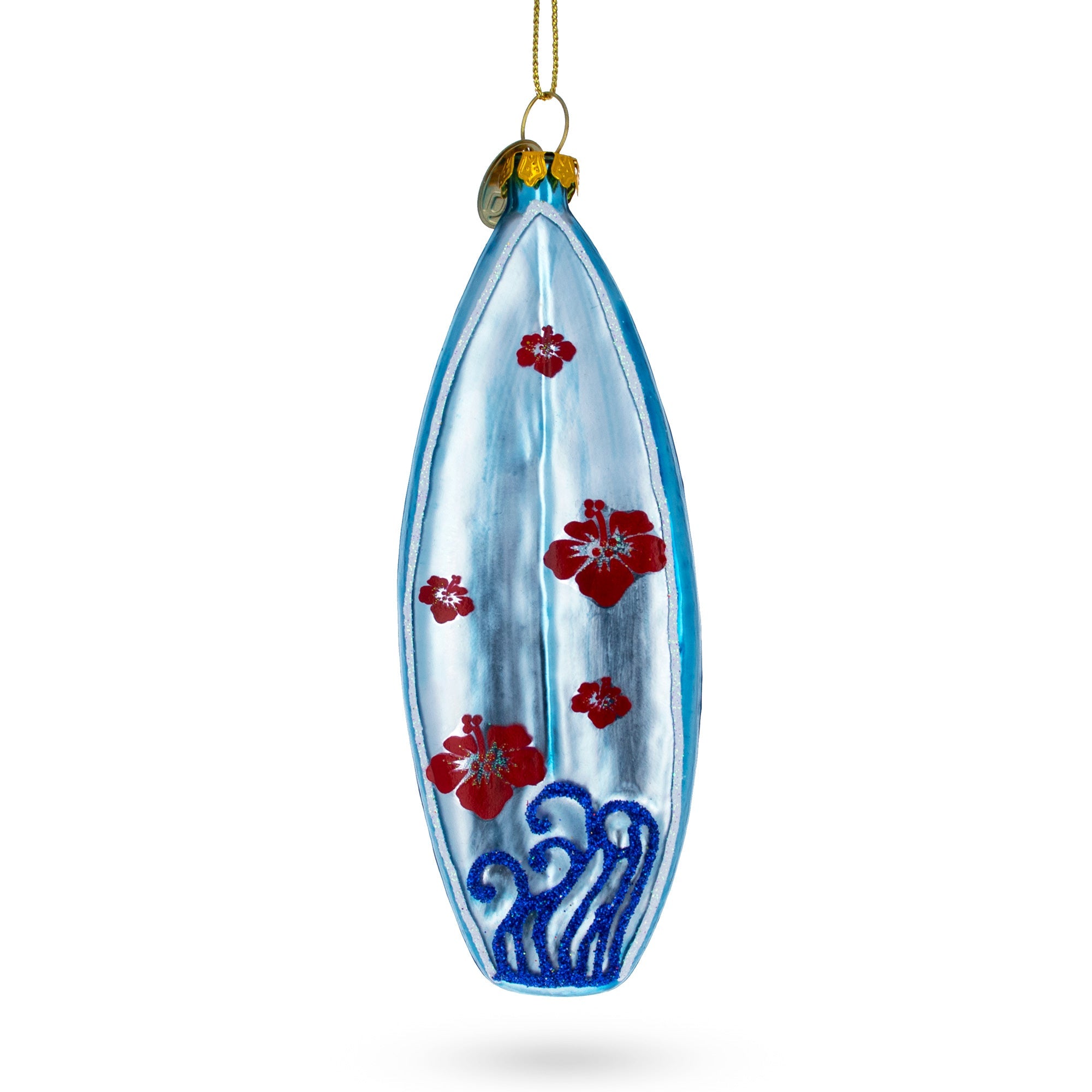 Tropical Vibes Blue Surfboard - Blown Glass Christmas Ornament