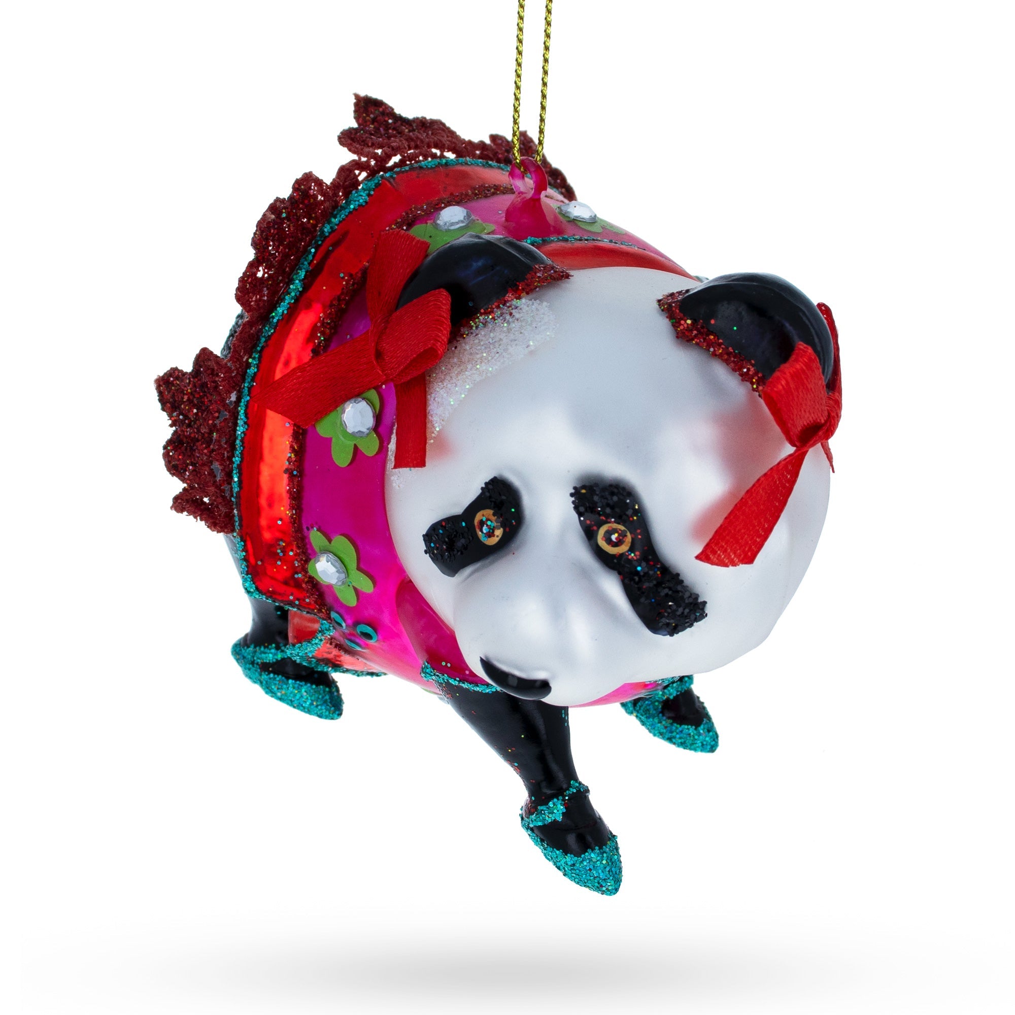 Festive Panda In Colorful Dress - Blown Glass Christmas Ornament