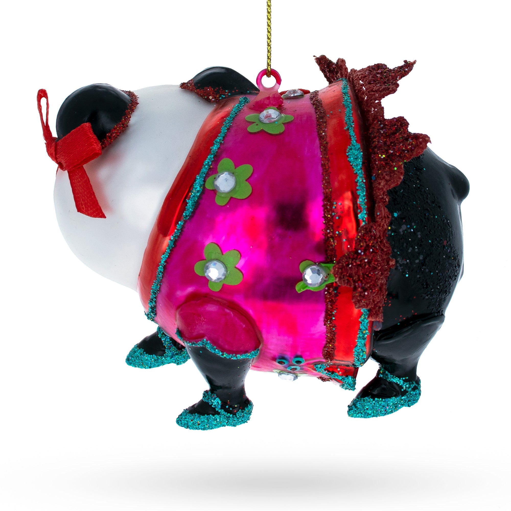 Festive Panda In Colorful Dress - Blown Glass Christmas Ornament