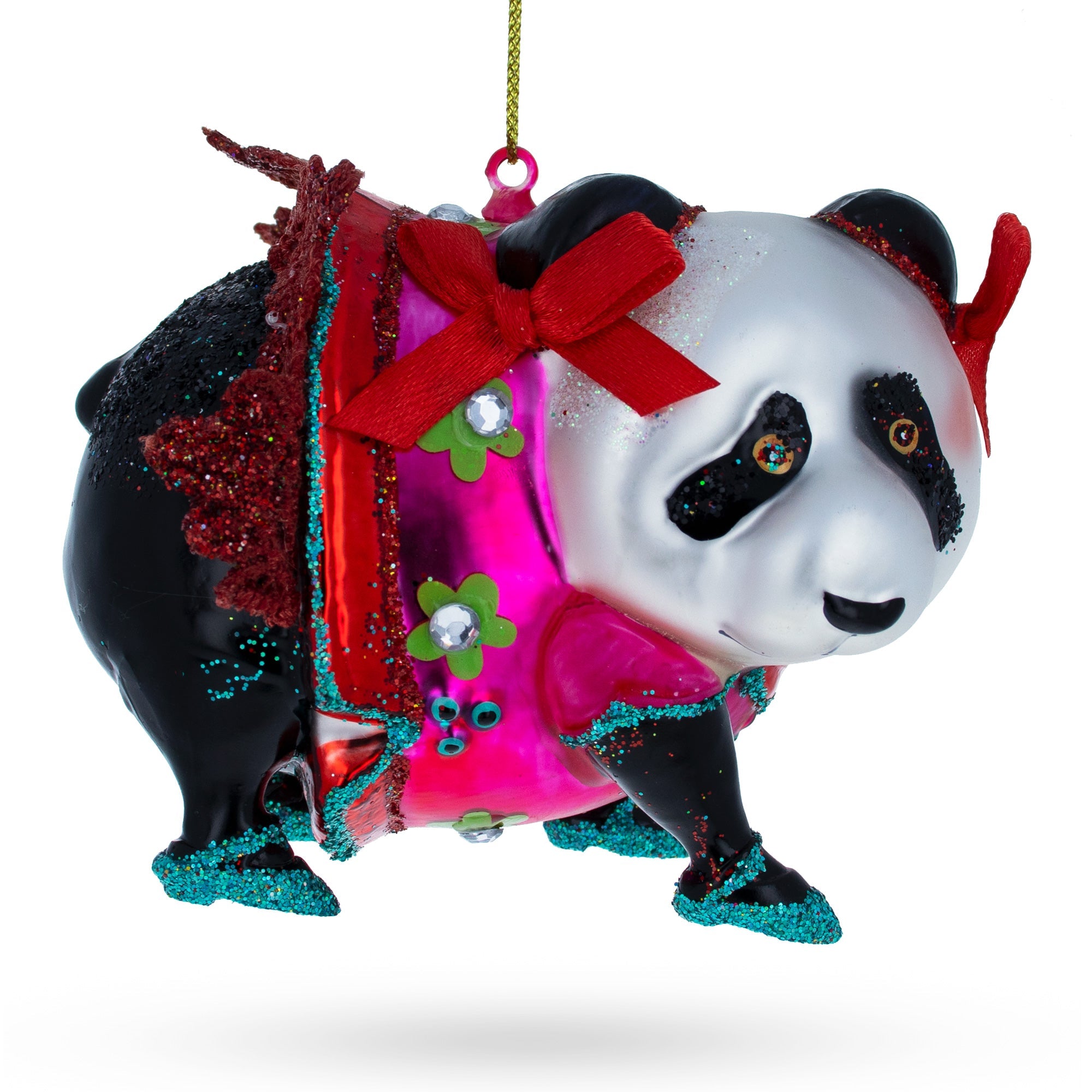 Festive Panda In Colorful Dress - Blown Glass Christmas Ornament