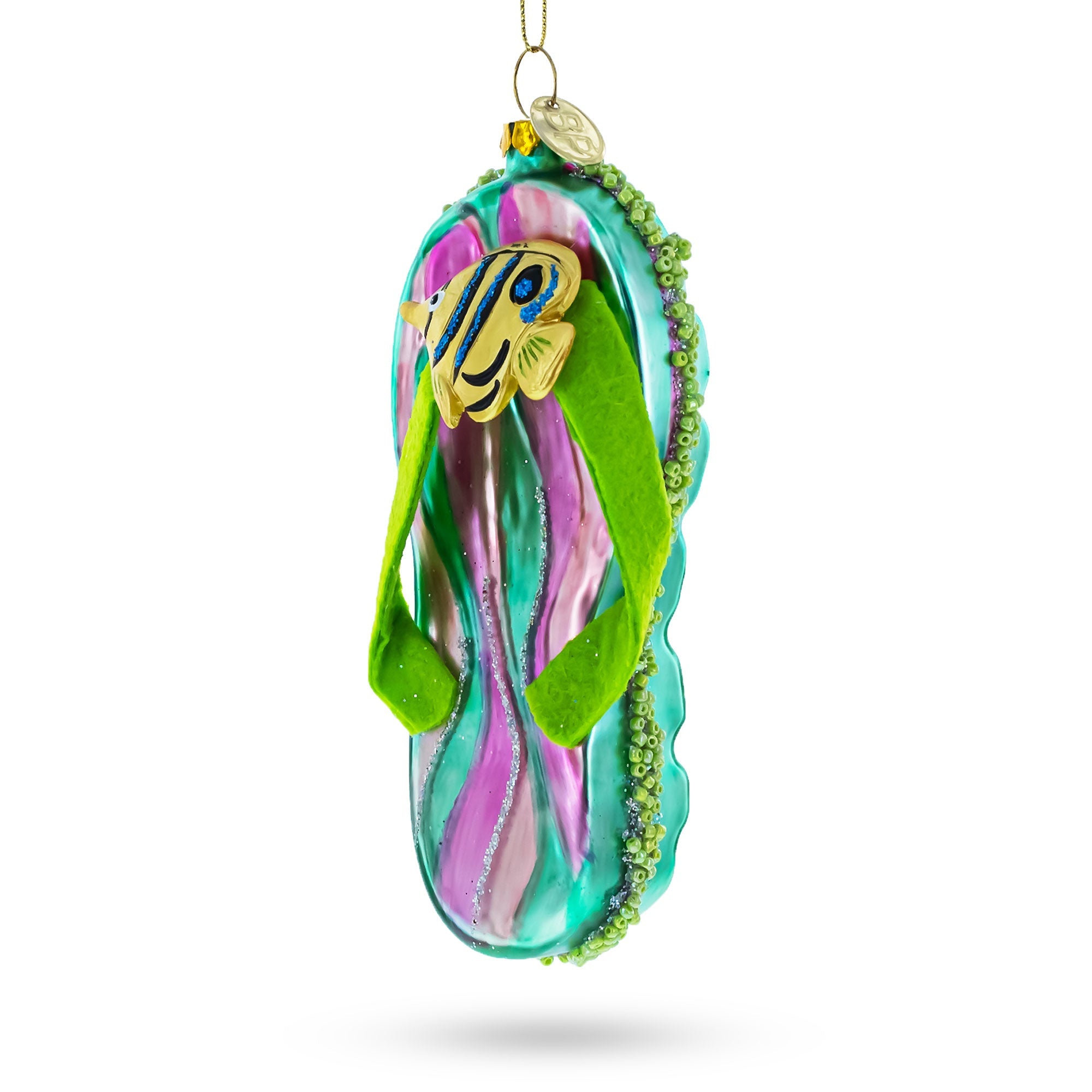 Tropical Turquoise Flip Flops With Fish Design - Blown Glass Christmas Ornament