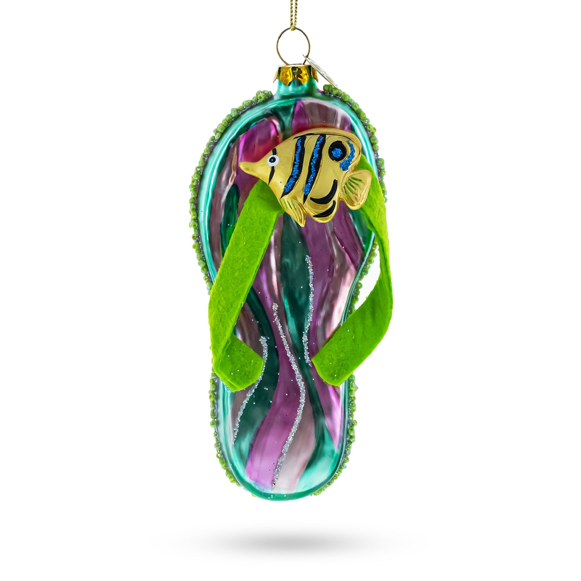 Tropical Turquoise Flip Flops With Fish Design - Blown Glass Christmas Ornament