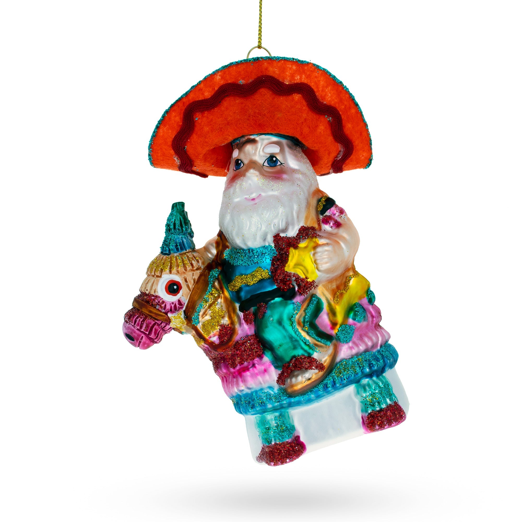 Santa Riding A Festive Pinata - Blown Glass Christmas Ornament