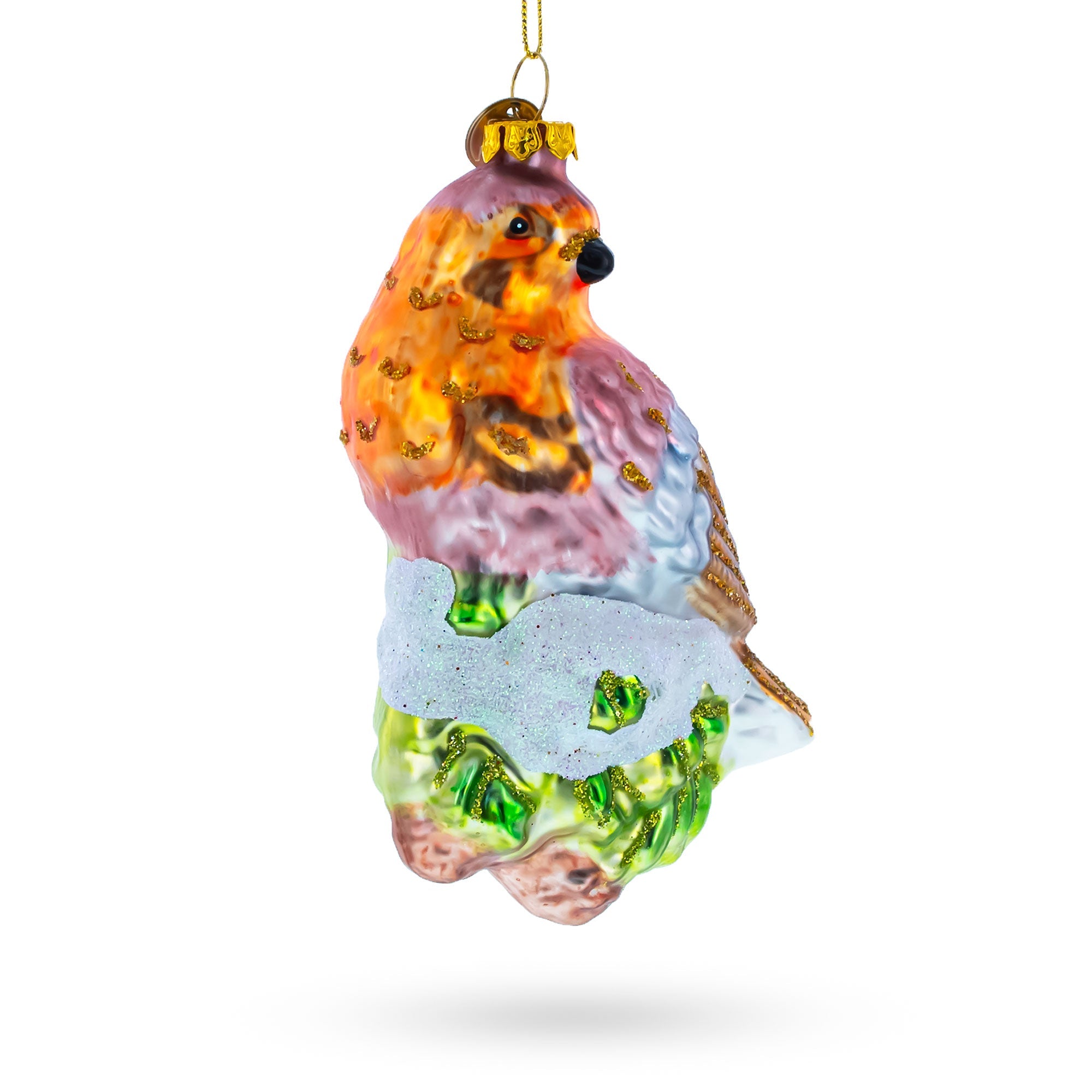 Bird Perched On Snowy Tree Branch - Blown Glass Christmas Ornament