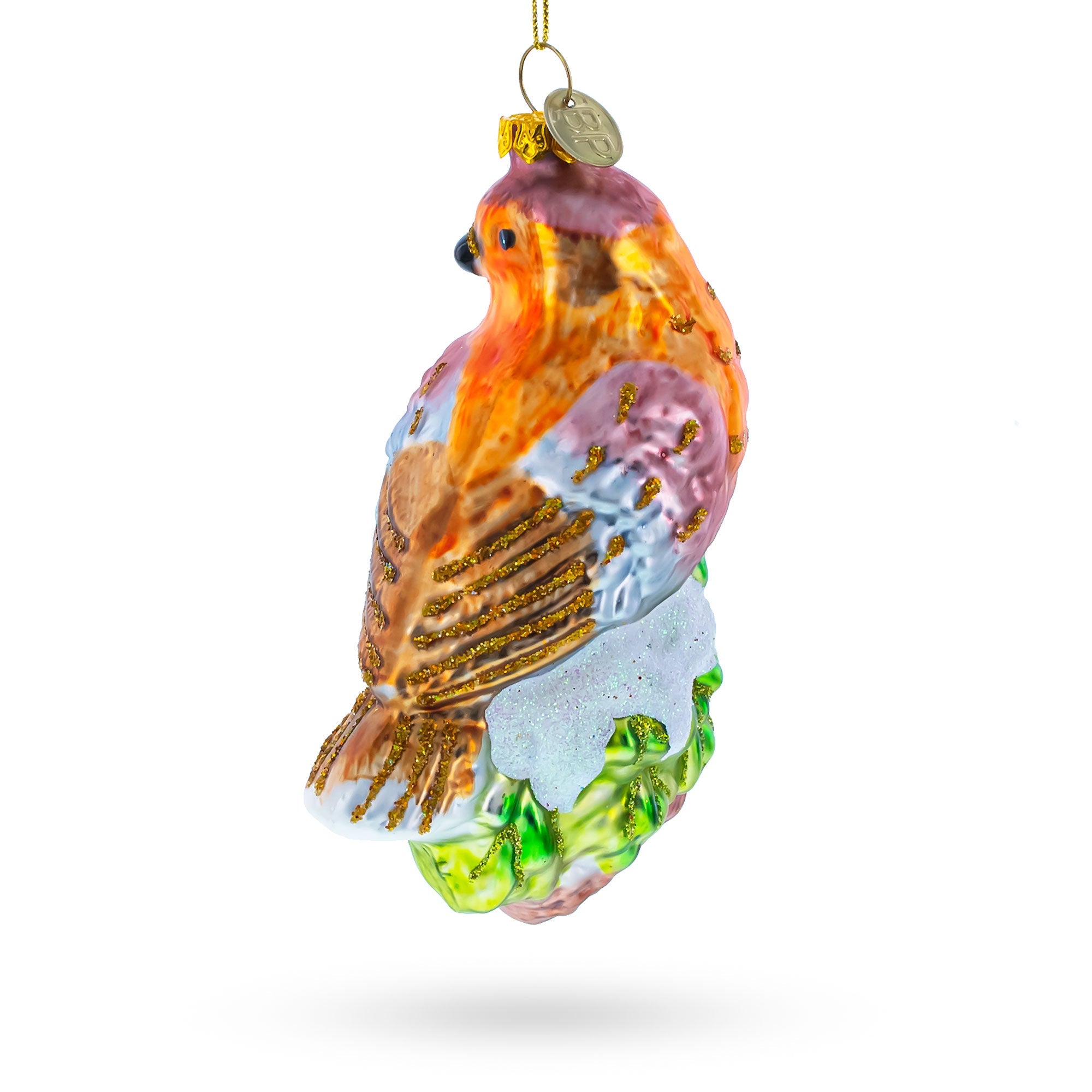 Bird Perched On Snowy Tree Branch - Blown Glass Christmas Ornament