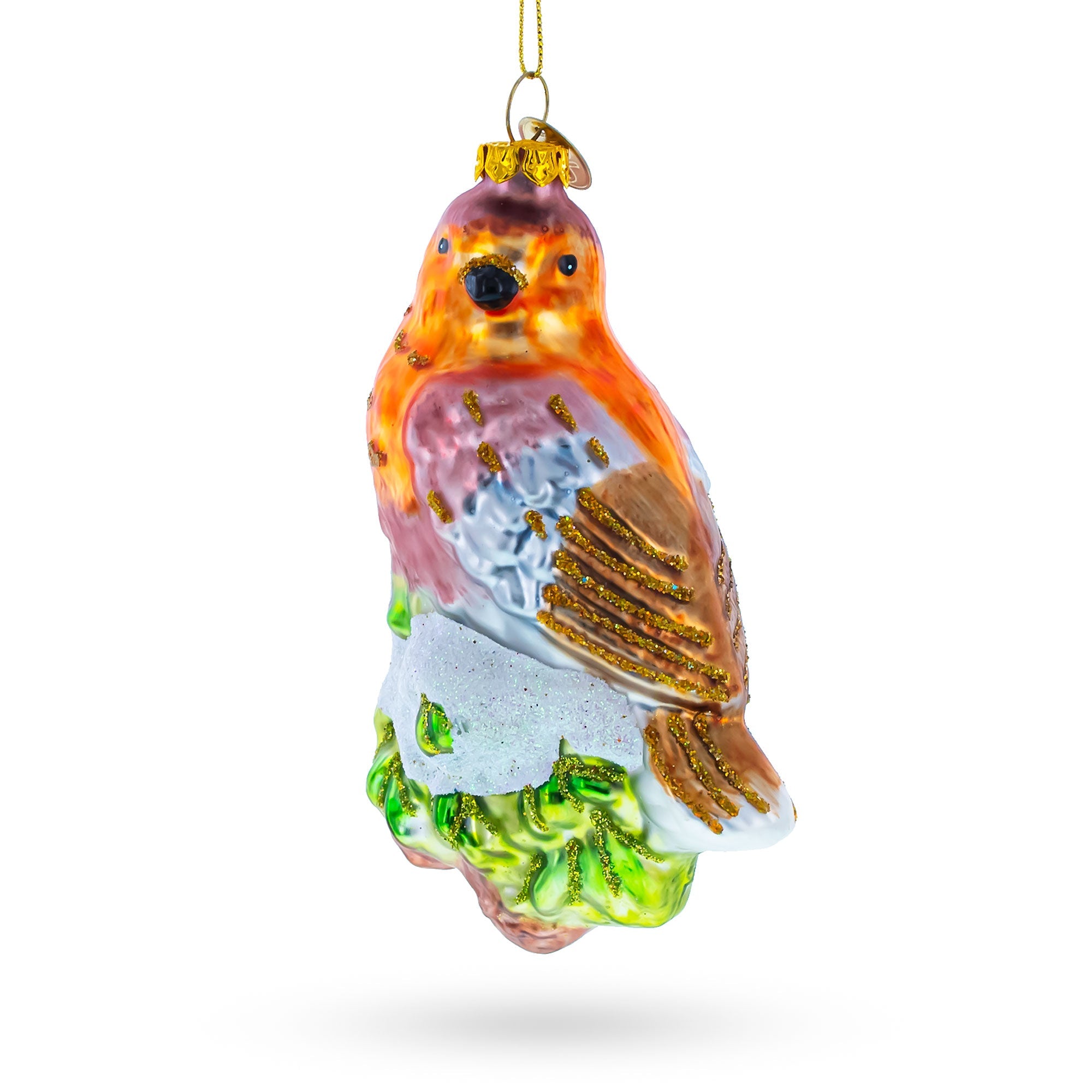 Bird Perched On Snowy Tree Branch - Blown Glass Christmas Ornament