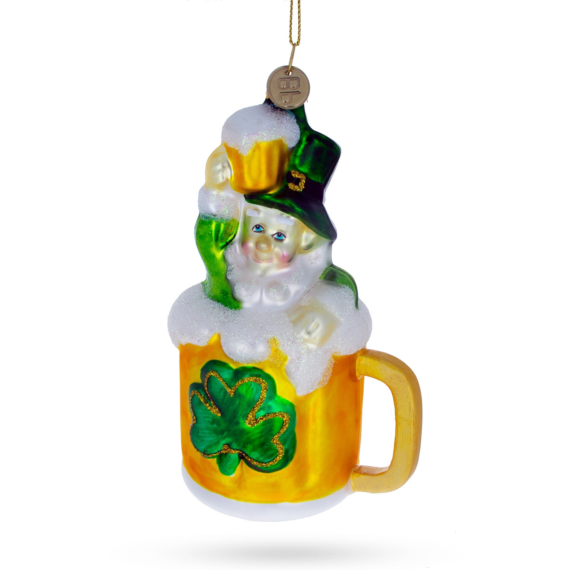 Leprechaun Lounging In A Beer Mug - Blown Glass Christmas Ornament