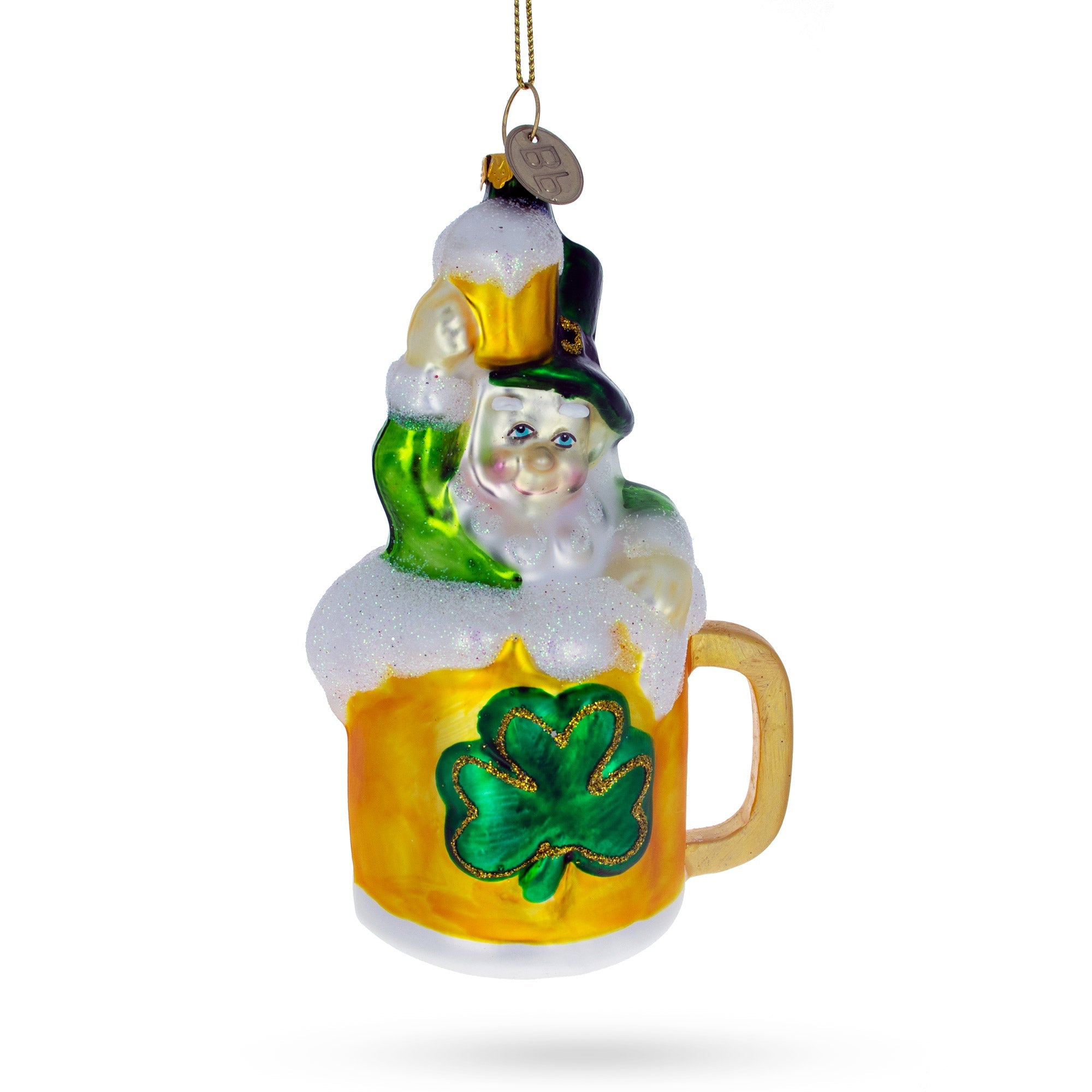 Leprechaun Lounging In A Beer Mug - Blown Glass Christmas Ornament