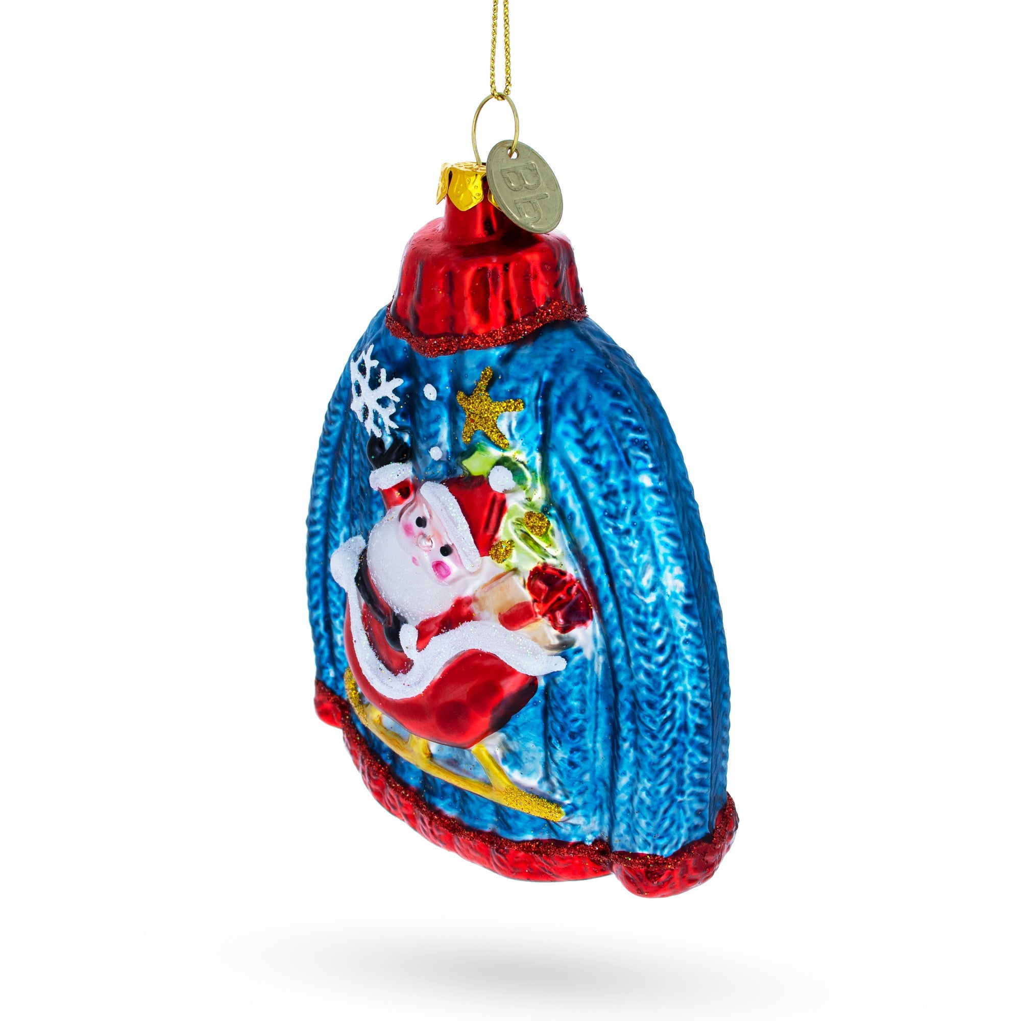 Cozy Blue Christmas Sweater Featuring Santa - Blown Glass Christmas Ornament