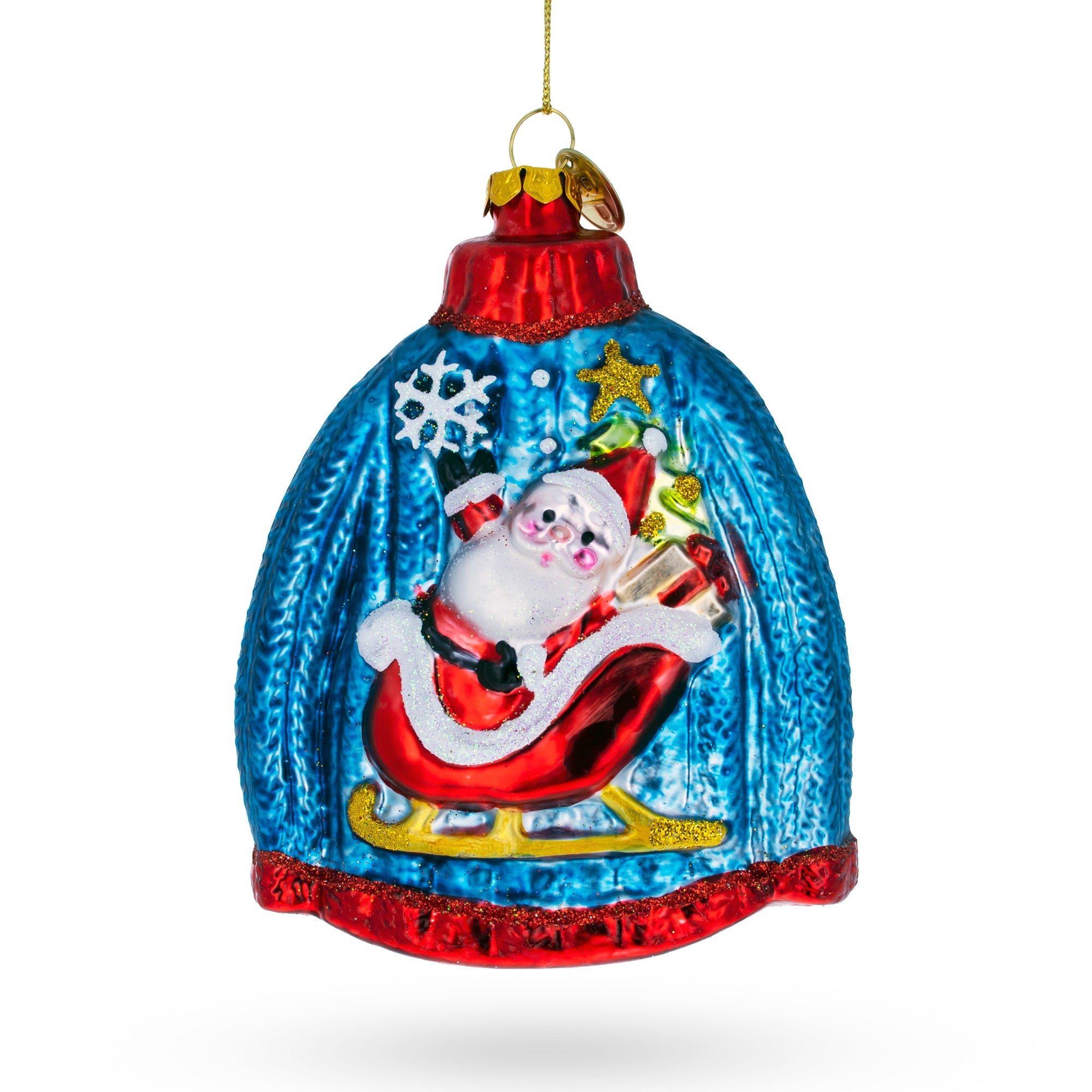 Cozy Blue Christmas Sweater Featuring Santa - Blown Glass Christmas Ornament