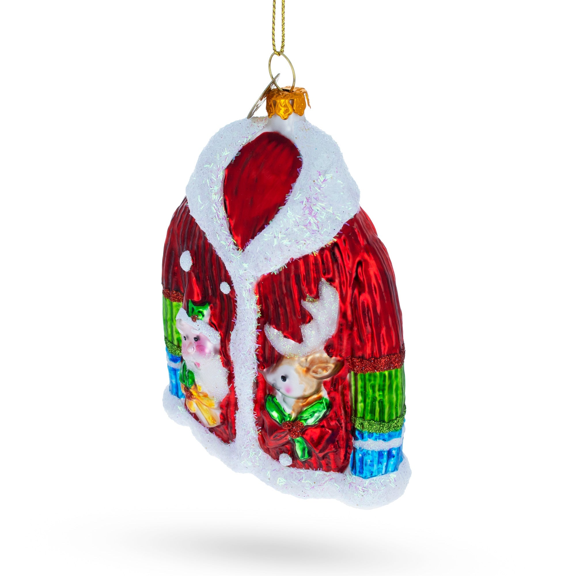 Festive Christmas Jacket Adorned With Santa And Reindeer - Blown Glass Christmas Ornament