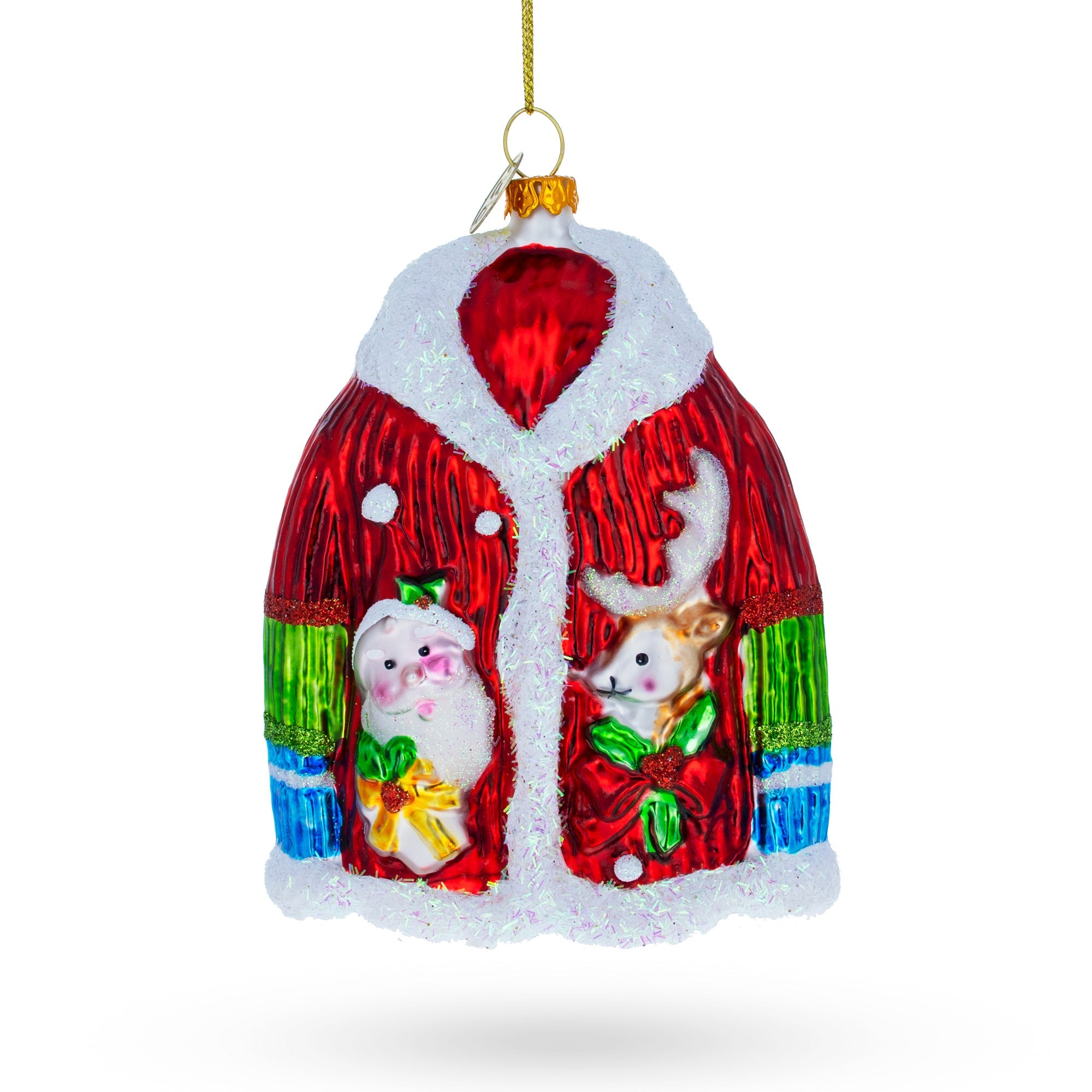 Festive Christmas Jacket Adorned With Santa And Reindeer - Blown Glass Christmas Ornament