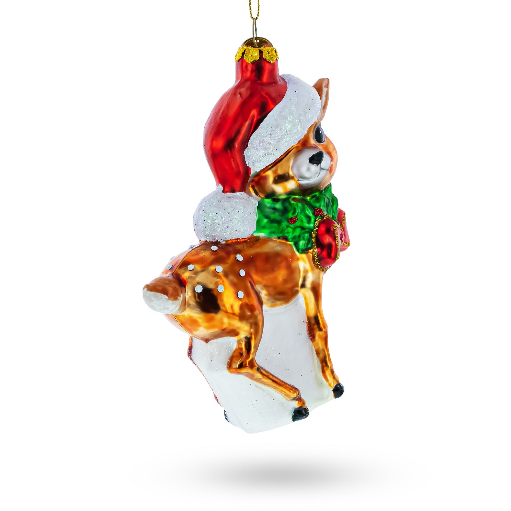 Adorable Deer Fawn In Santa Hat - Blown Glass Christmas Ornament