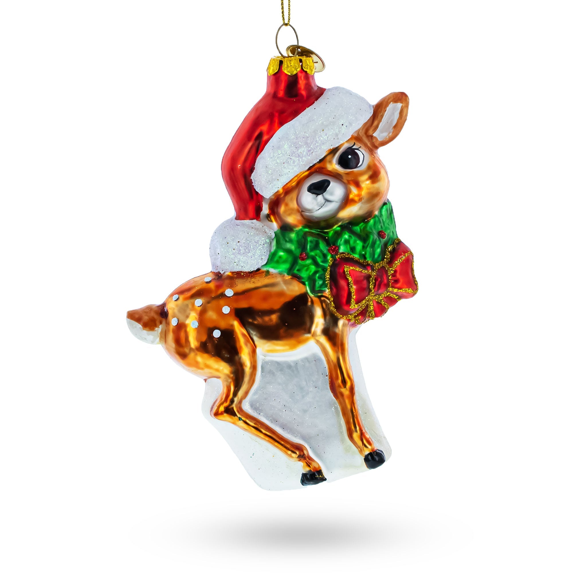 Adorable Deer Fawn In Santa Hat - Blown Glass Christmas Ornament