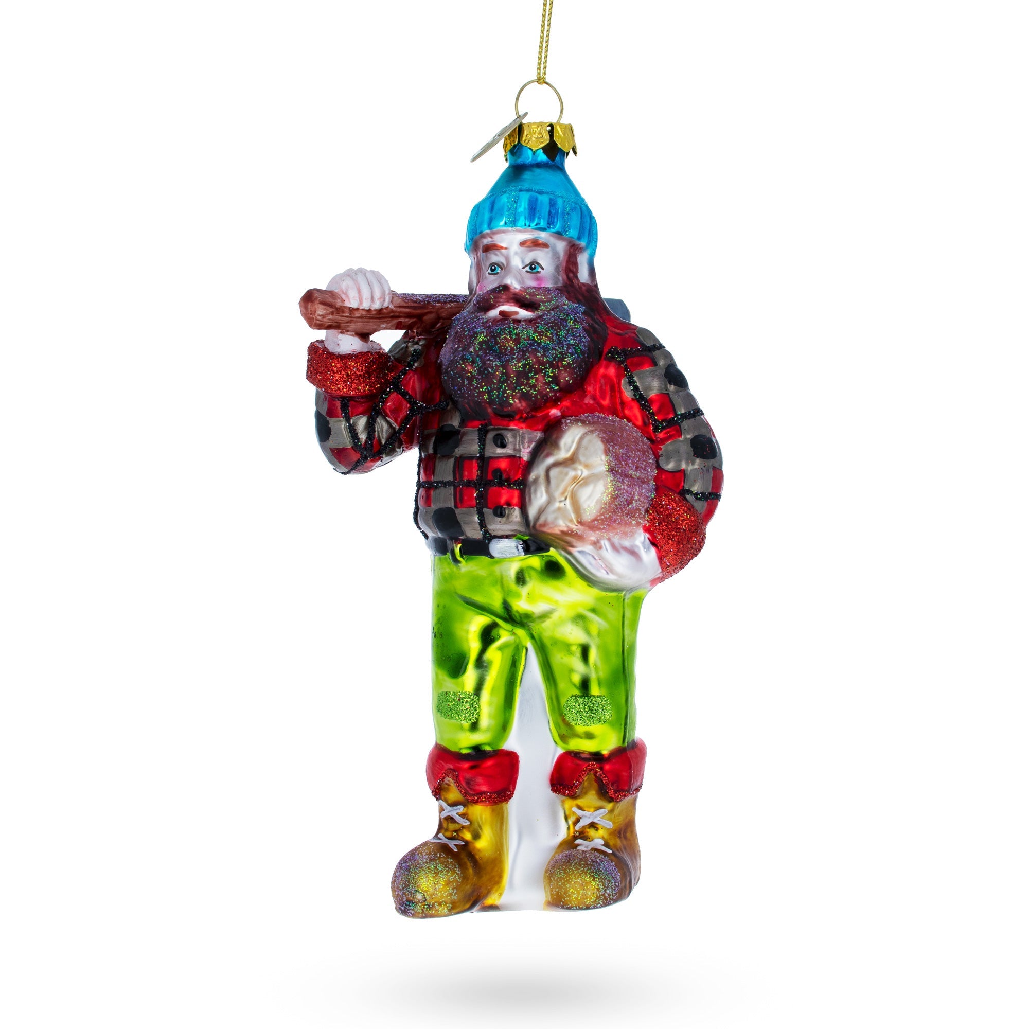 Rugged Lumberjack Carrying Log - Blown Glass Christmas Ornament