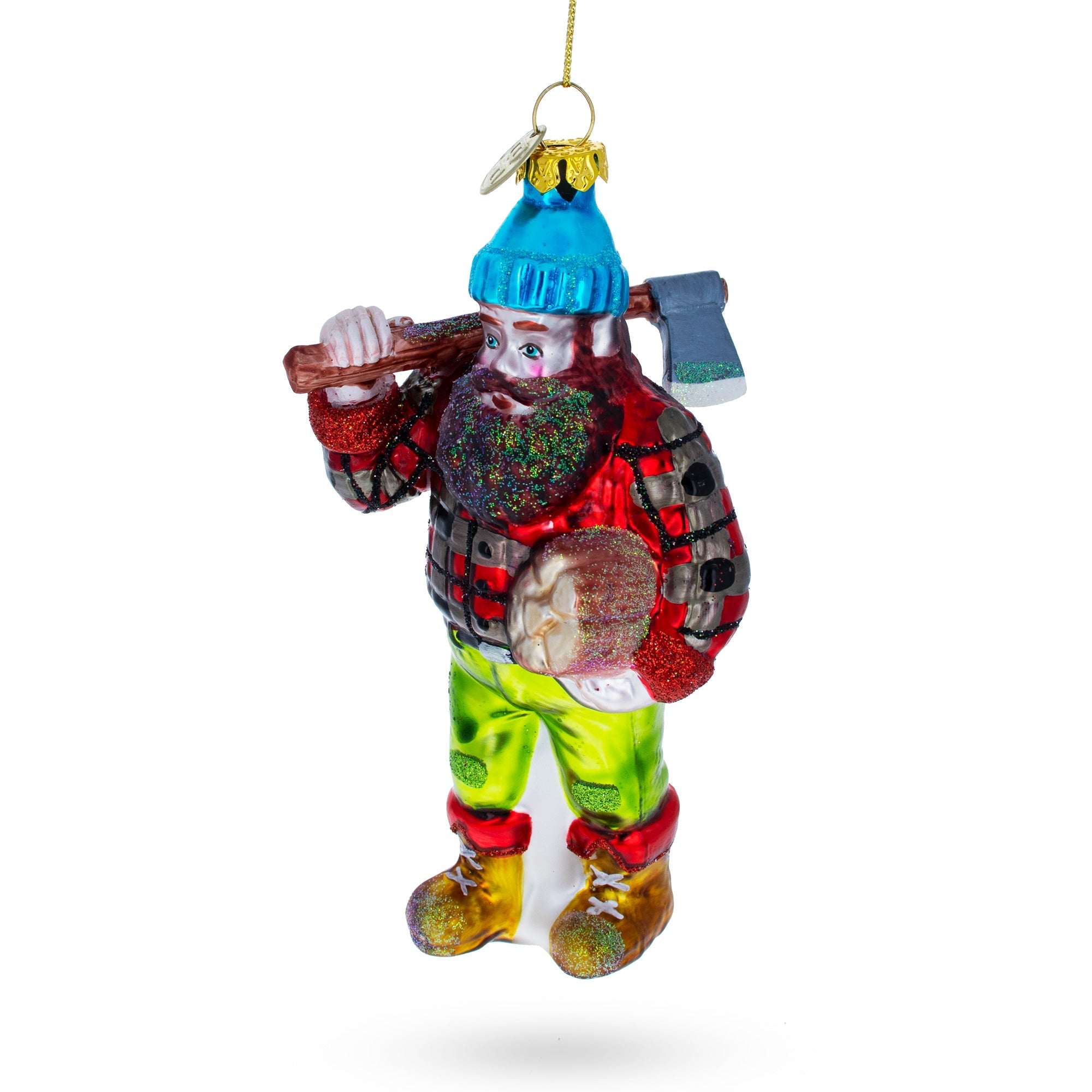 Rugged Lumberjack Carrying Log - Blown Glass Christmas Ornament