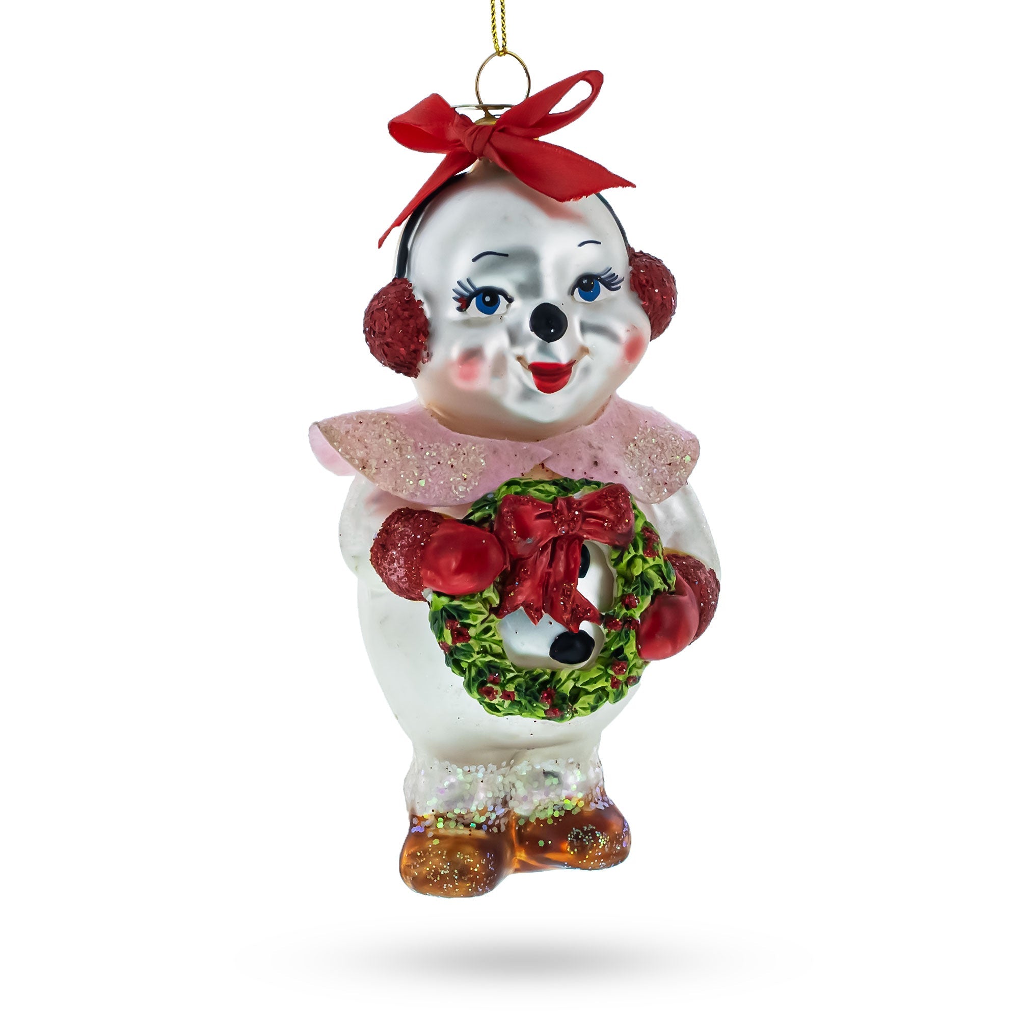 Festive Snowwoman With Wreath - Blown Glass Christmas Ornament