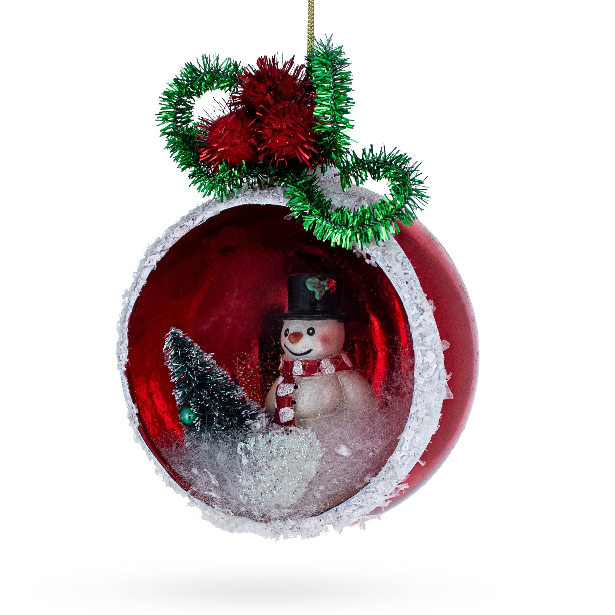 Festive Snowman And His Christmas Tree - Blown Glass Ornament