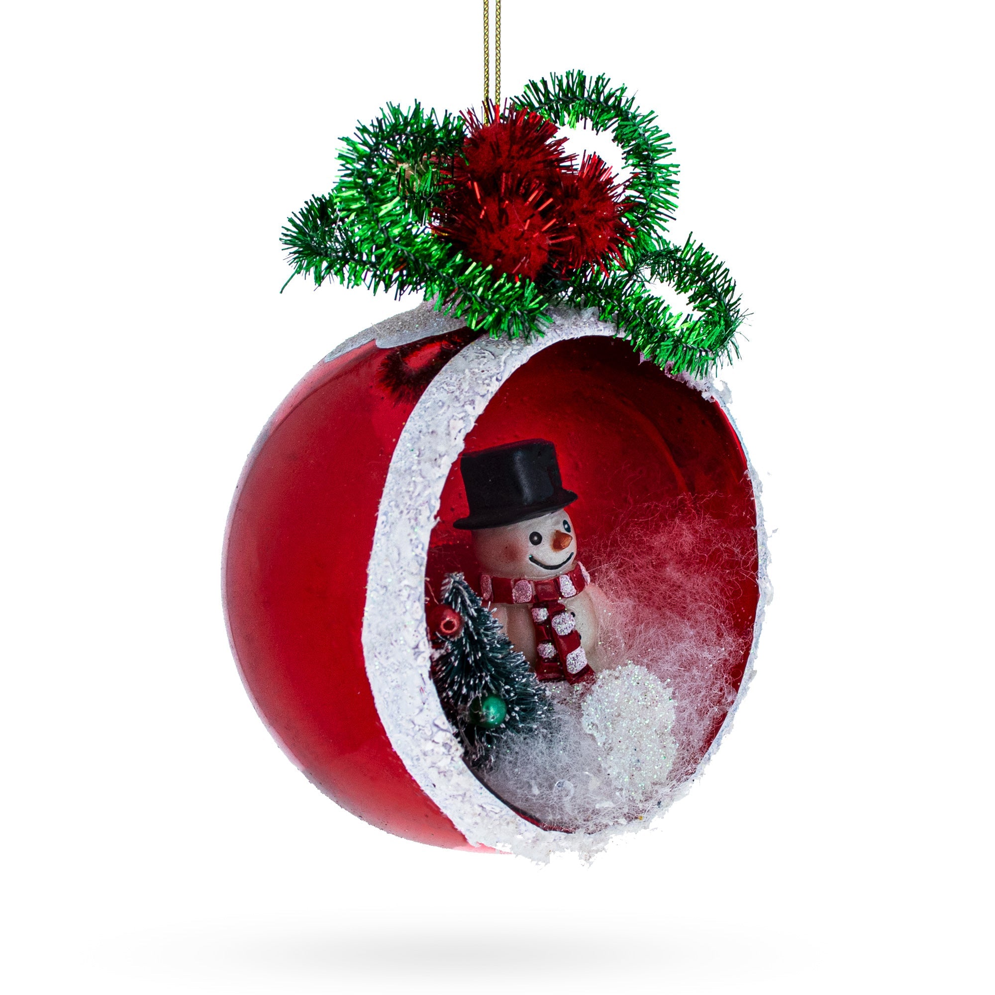 Festive Snowman And His Christmas Tree - Blown Glass Ornament