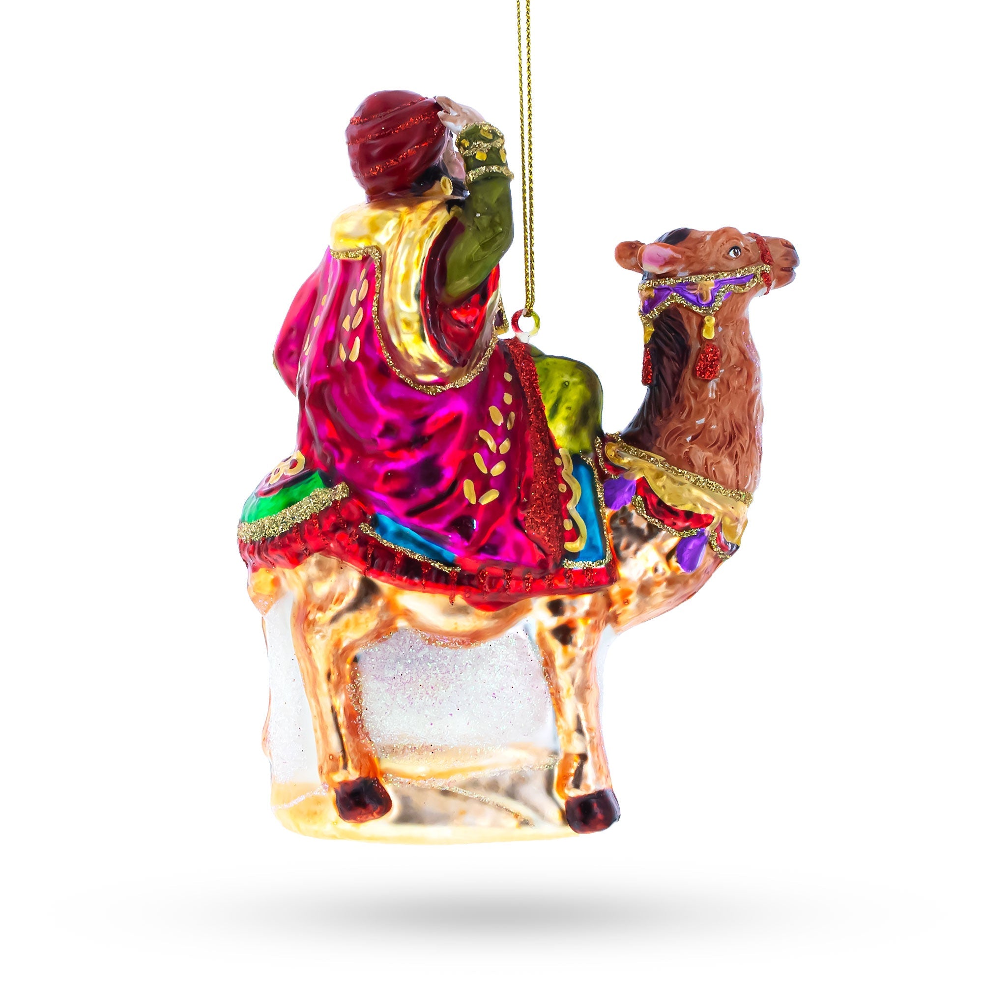 Majestic Wiseman Riding A Camel - Blown Glass Christmas Ornament