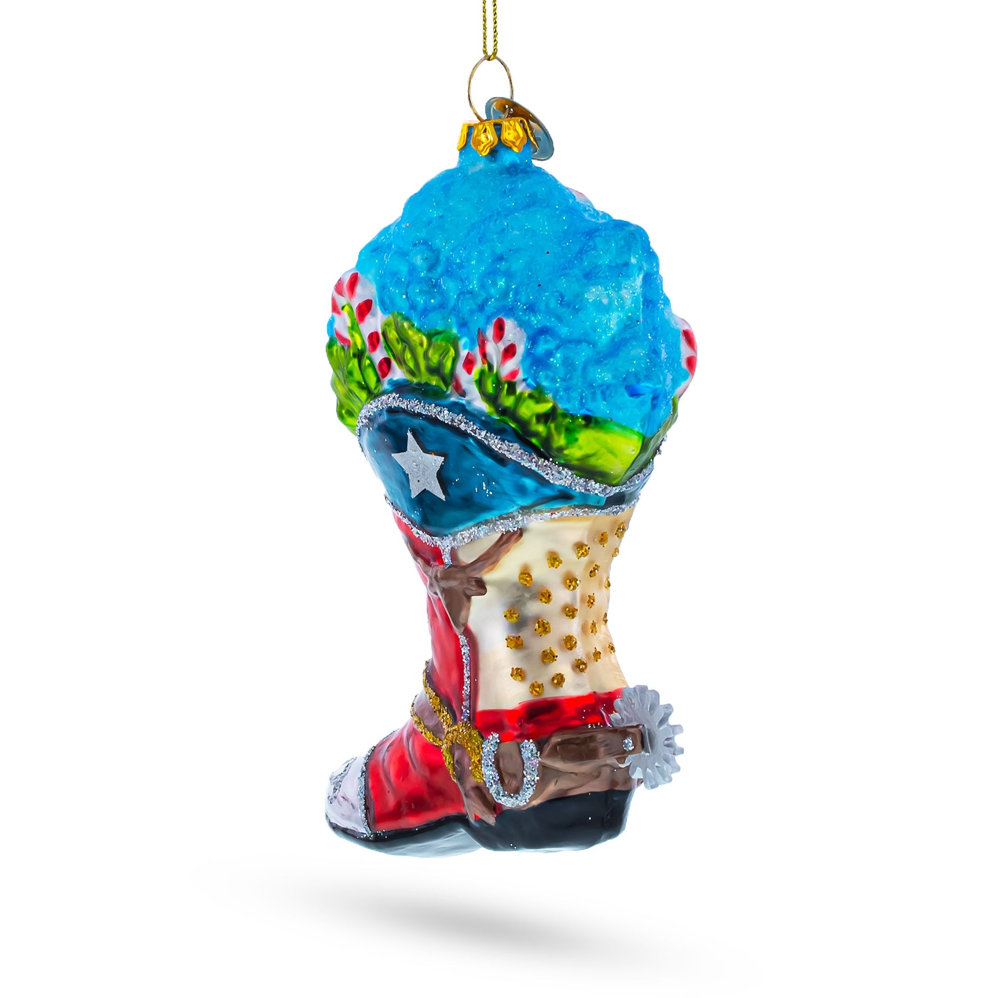 Western Charm: Cowboy Boot With Candy Canes - Blown Glass Christmas Ornament