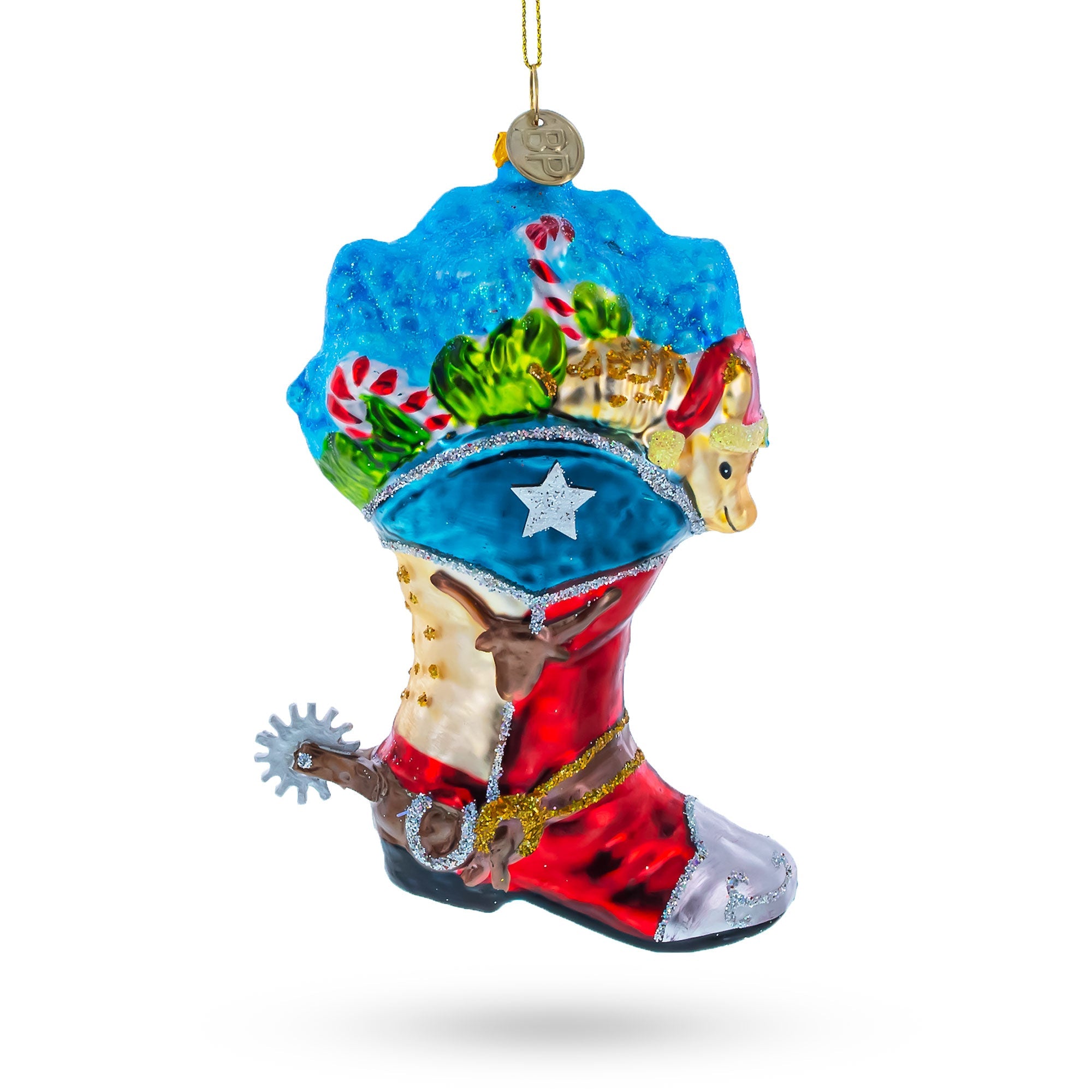 Western Charm: Cowboy Boot With Candy Canes - Blown Glass Christmas Ornament