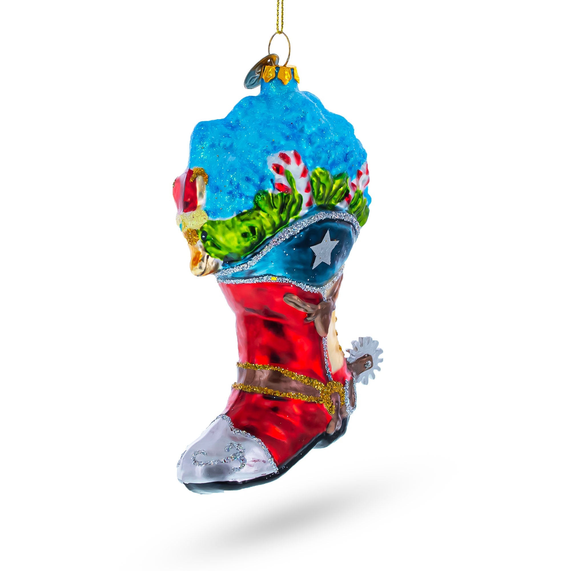 Western Charm: Cowboy Boot With Candy Canes - Blown Glass Christmas Ornament