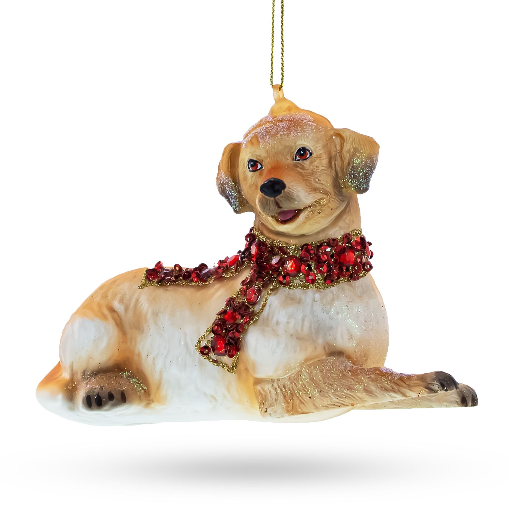 Elegant Golden Retriever With Jeweled Collar - Blown Glass Christmas Ornament