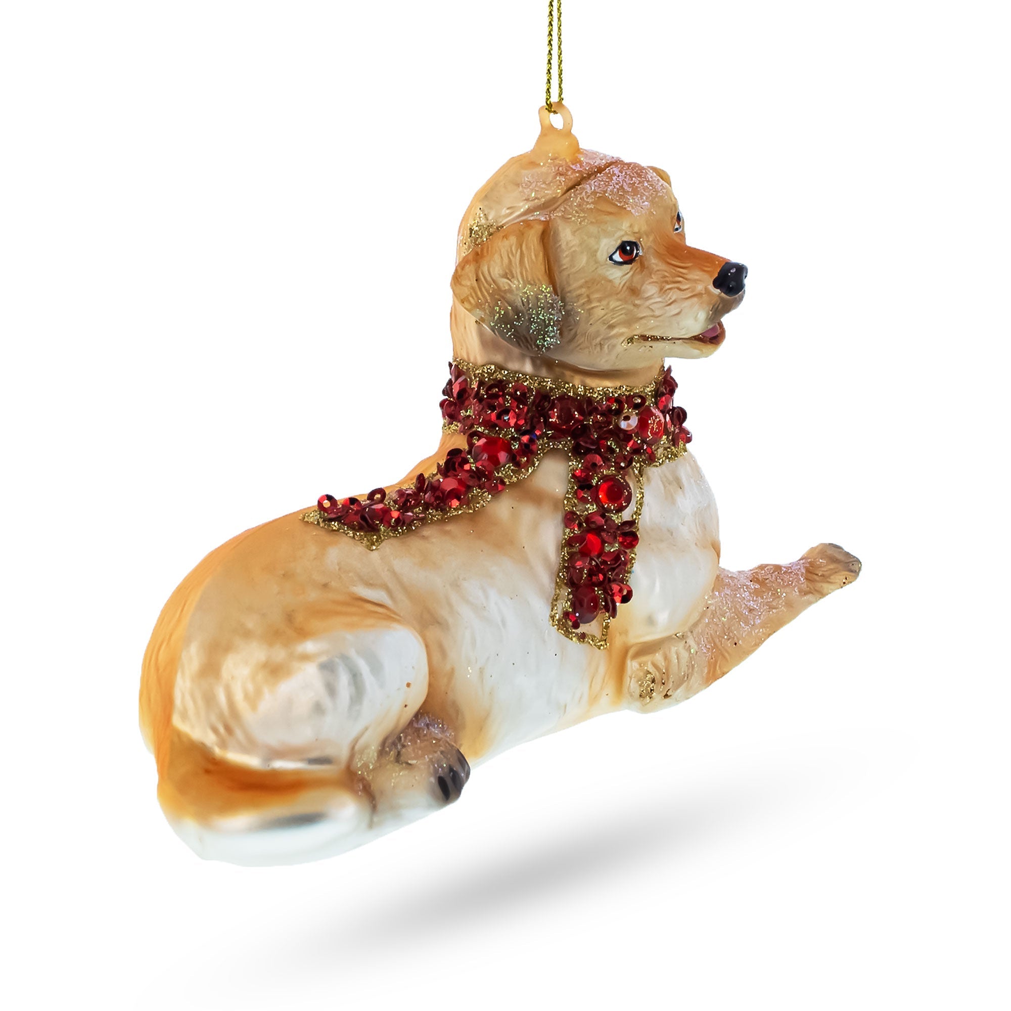 Elegant Golden Retriever With Jeweled Collar - Blown Glass Christmas Ornament