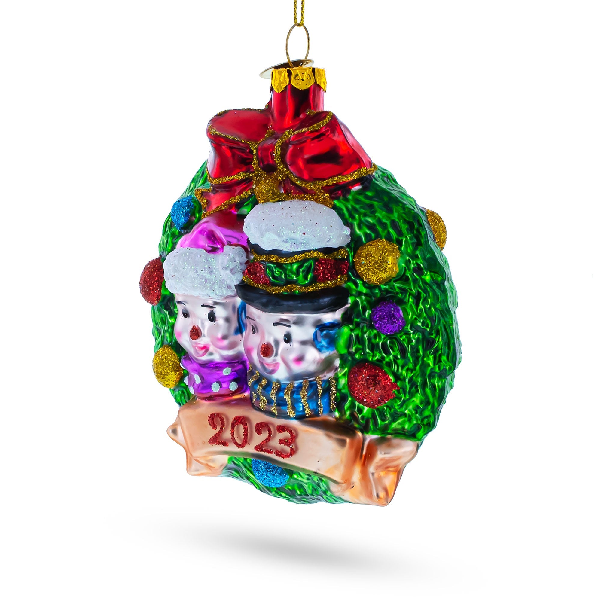 Joyful 2023 Snowmen Couple In Wreath - Blown Glass Christmas Ornament