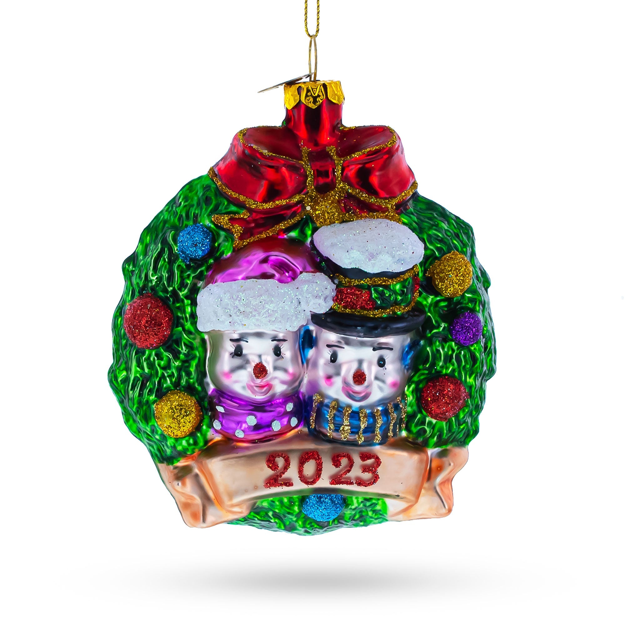 Joyful 2023 Snowmen Couple In Wreath - Blown Glass Christmas Ornament