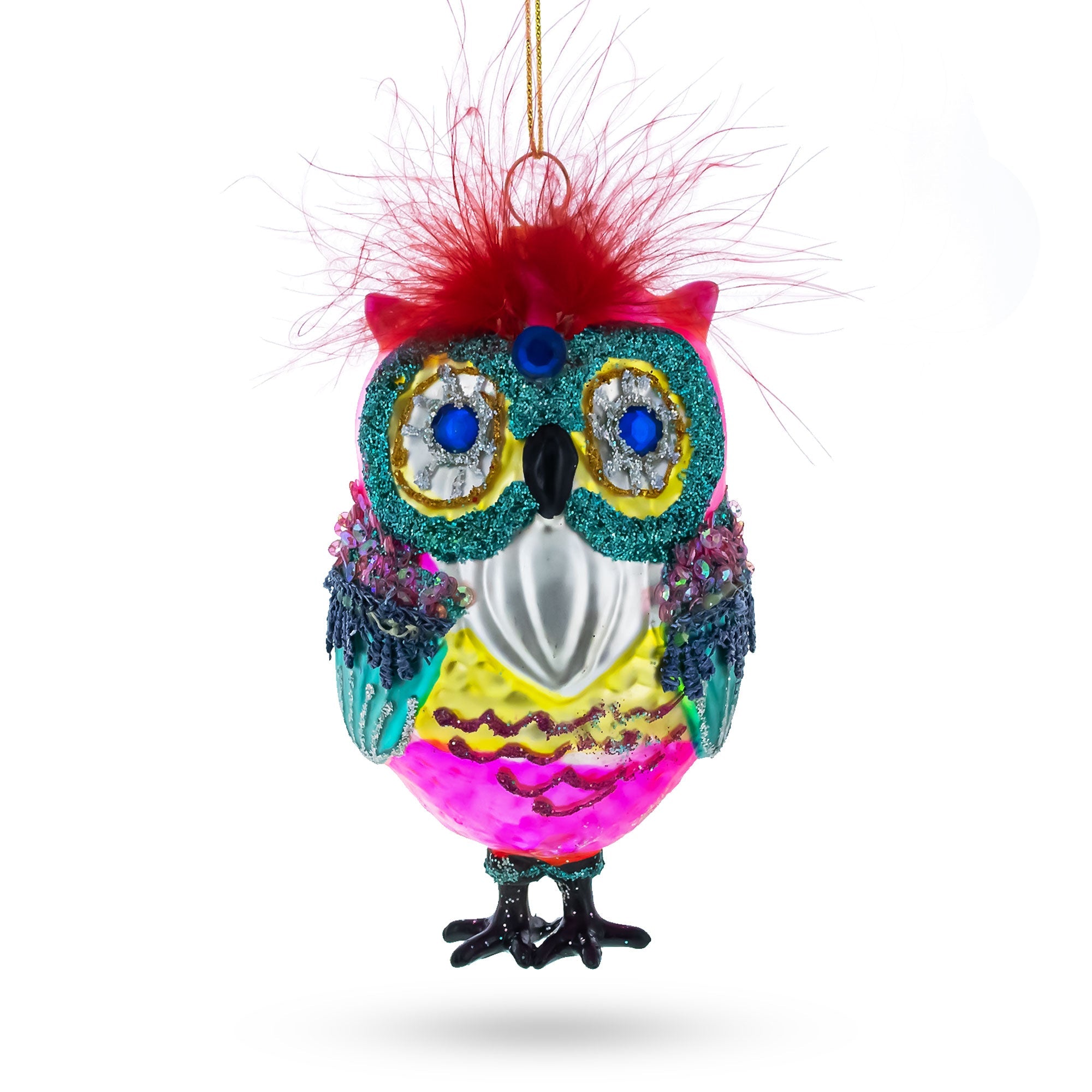 Vibrant Colorful Owl - Blown Glass Christmas Ornament