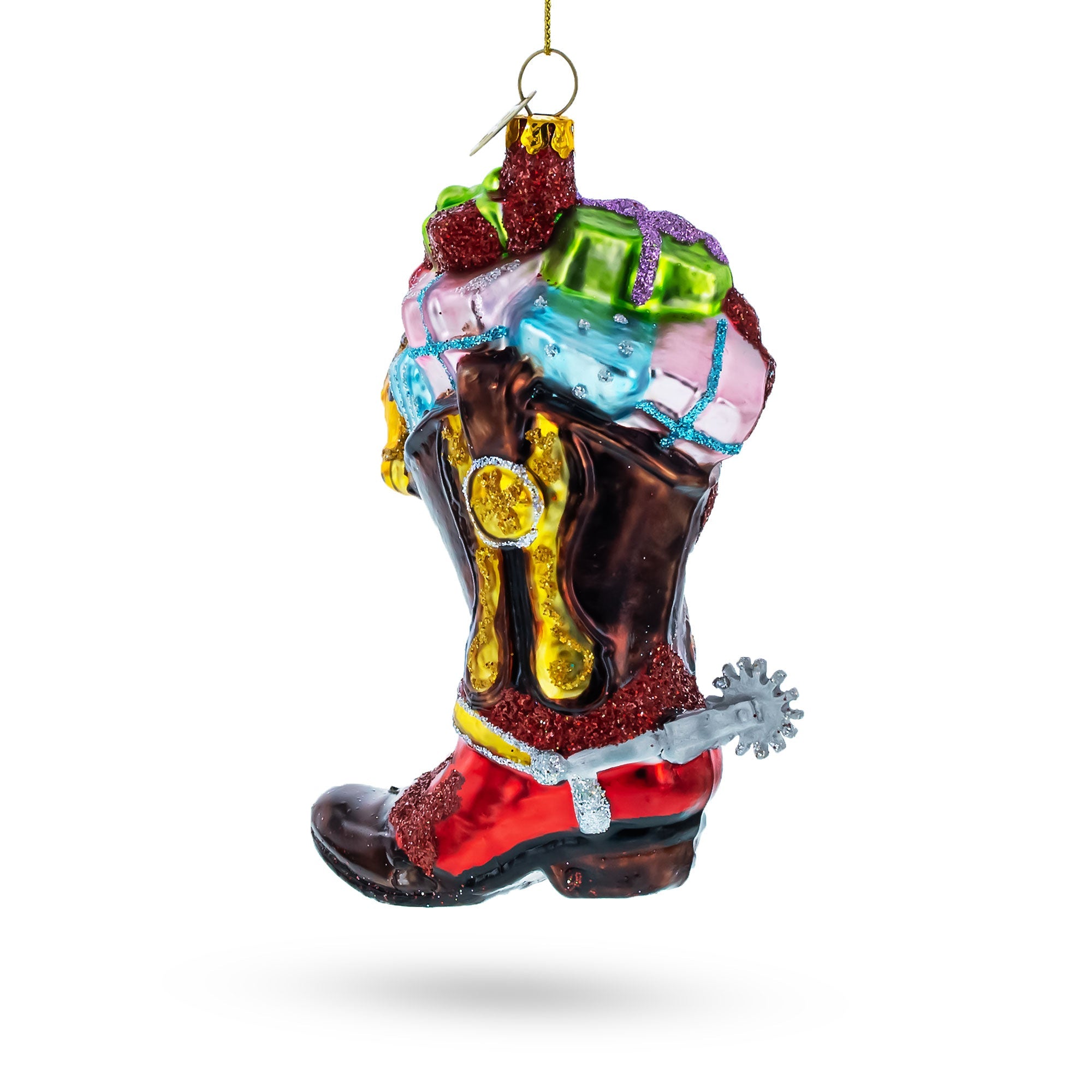 Western Cowboy Boot With Gifts - Blown Glass Christmas Ornament