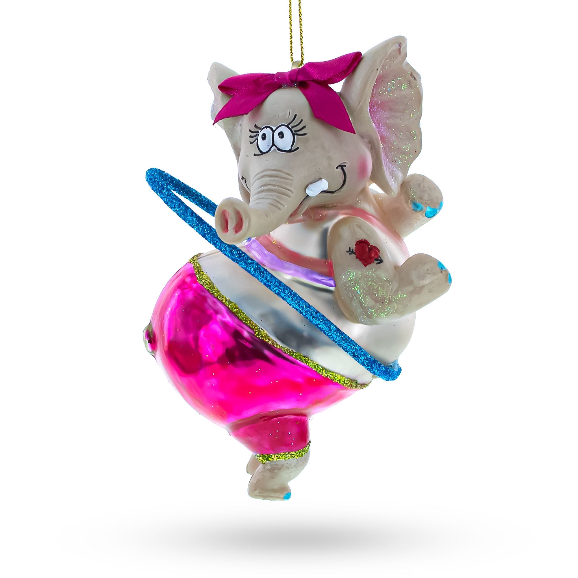 Circus Elephant Balancing Hula Hoop - Blown Glass Christmas Ornament