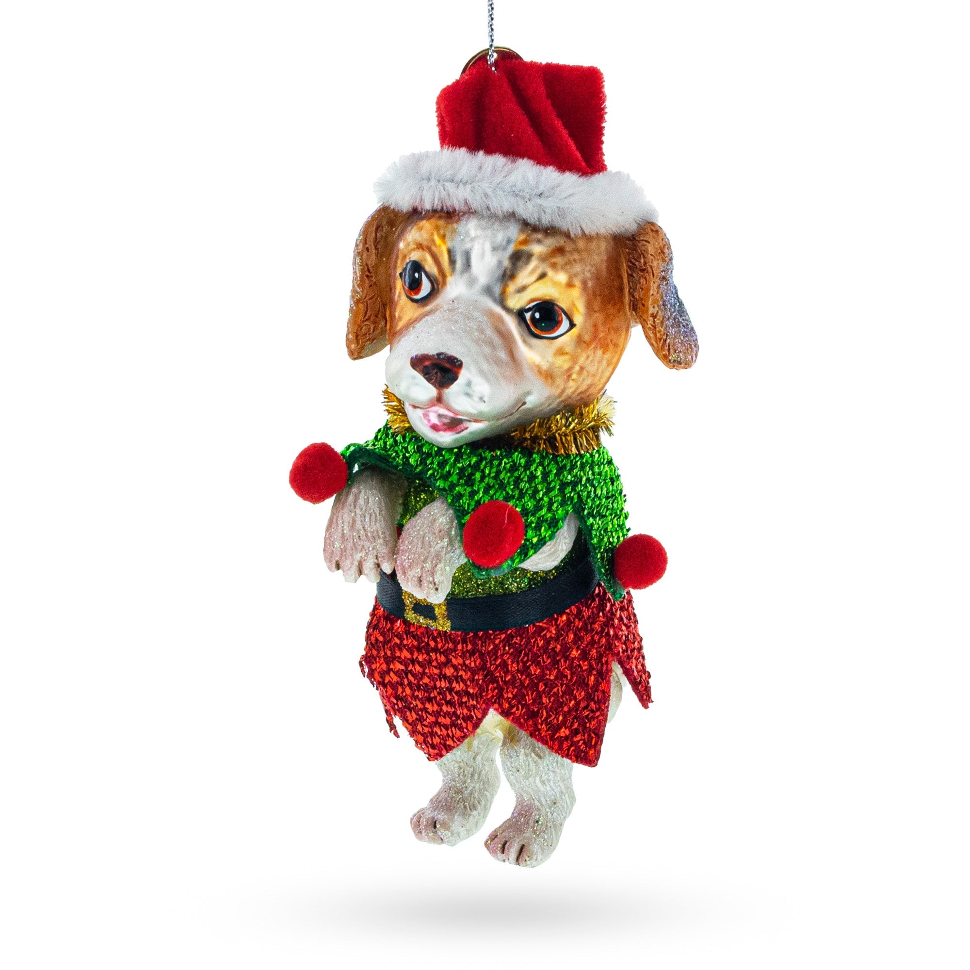 Dog In Elf Costume - Blown Glass Christmas Ornament