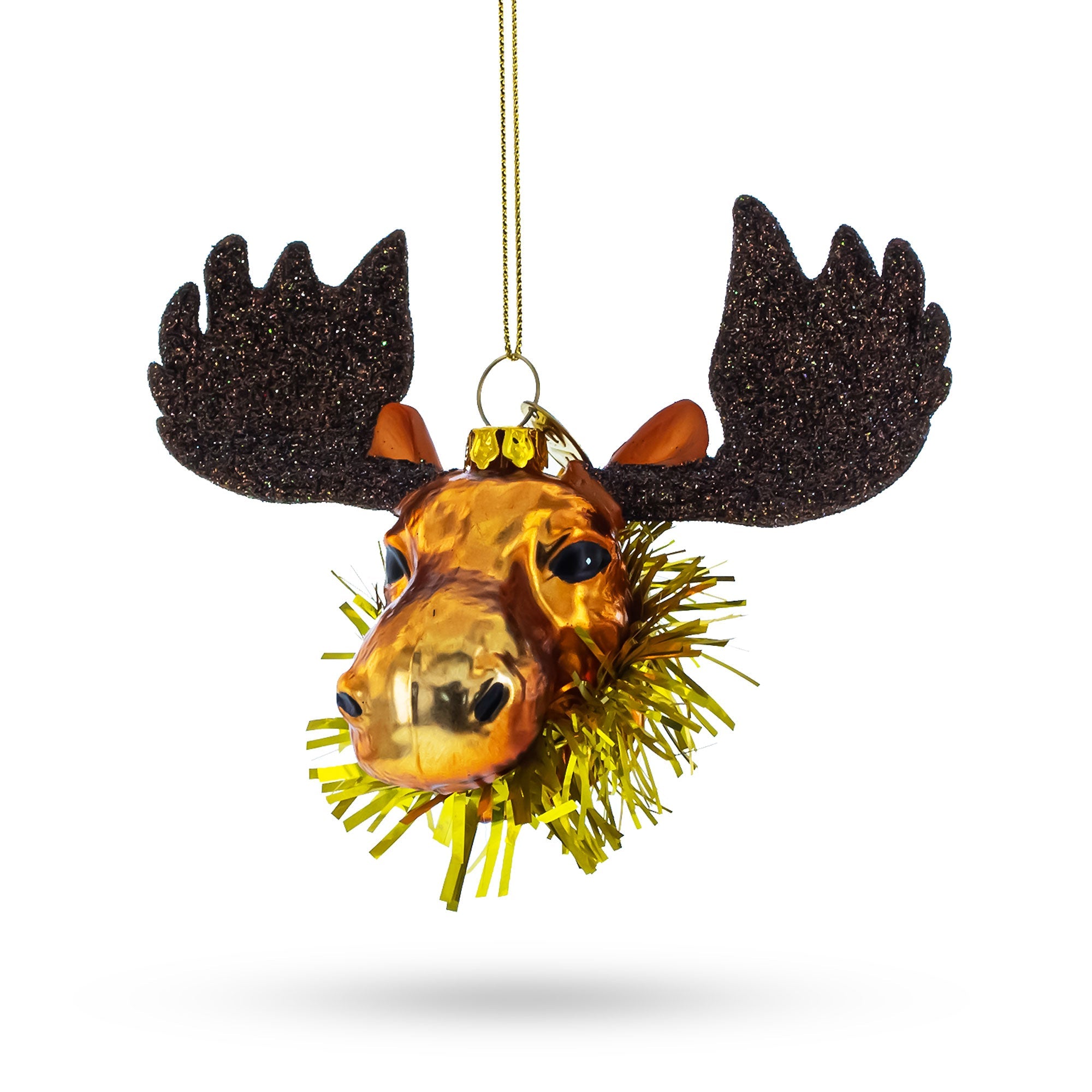 Majestic Moose Head Adorned With Tinsel Collar - Blown Glass Christmas Ornament