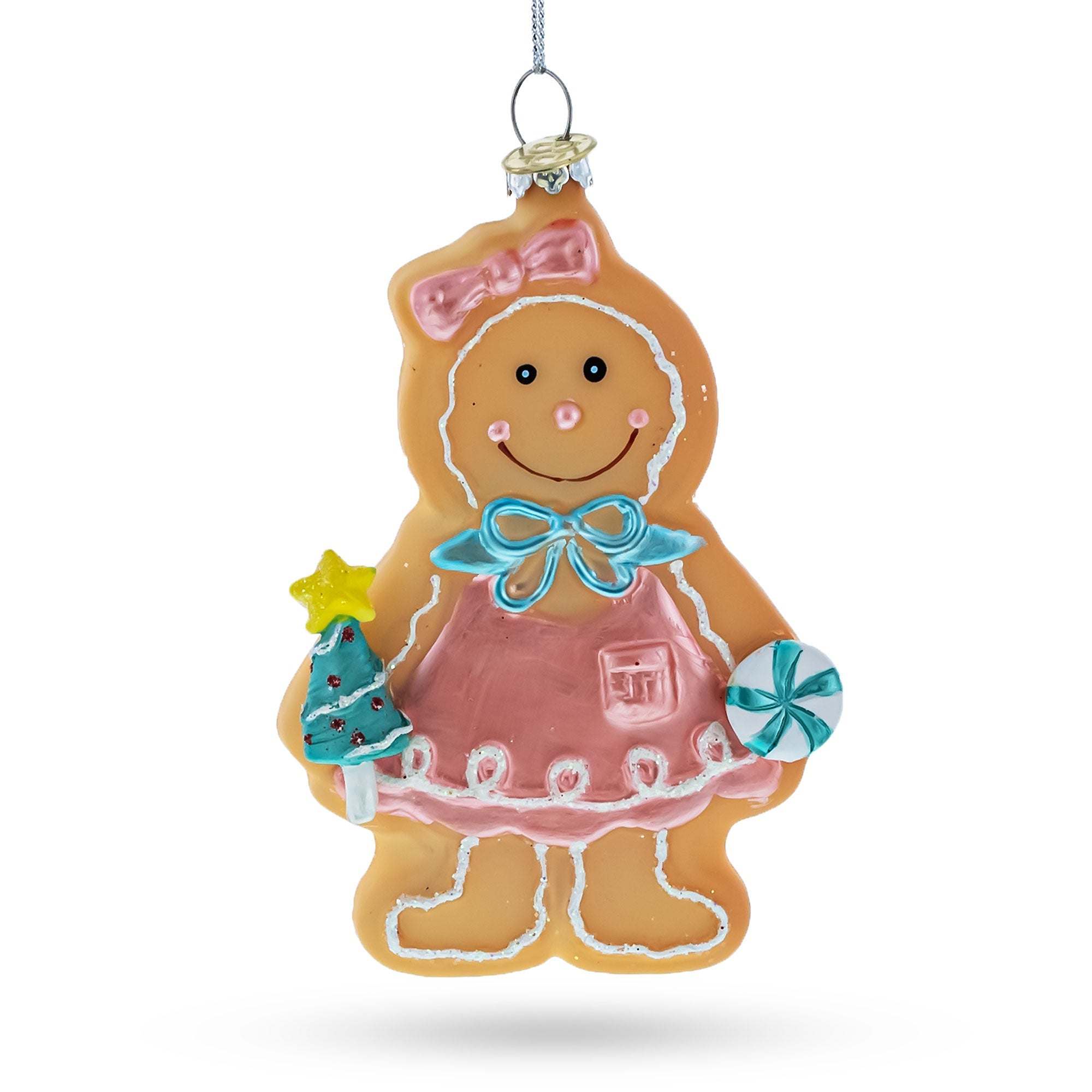 Sweet Gingerbread Girl In Festive Attire - Blown Glass Christmas Ornament