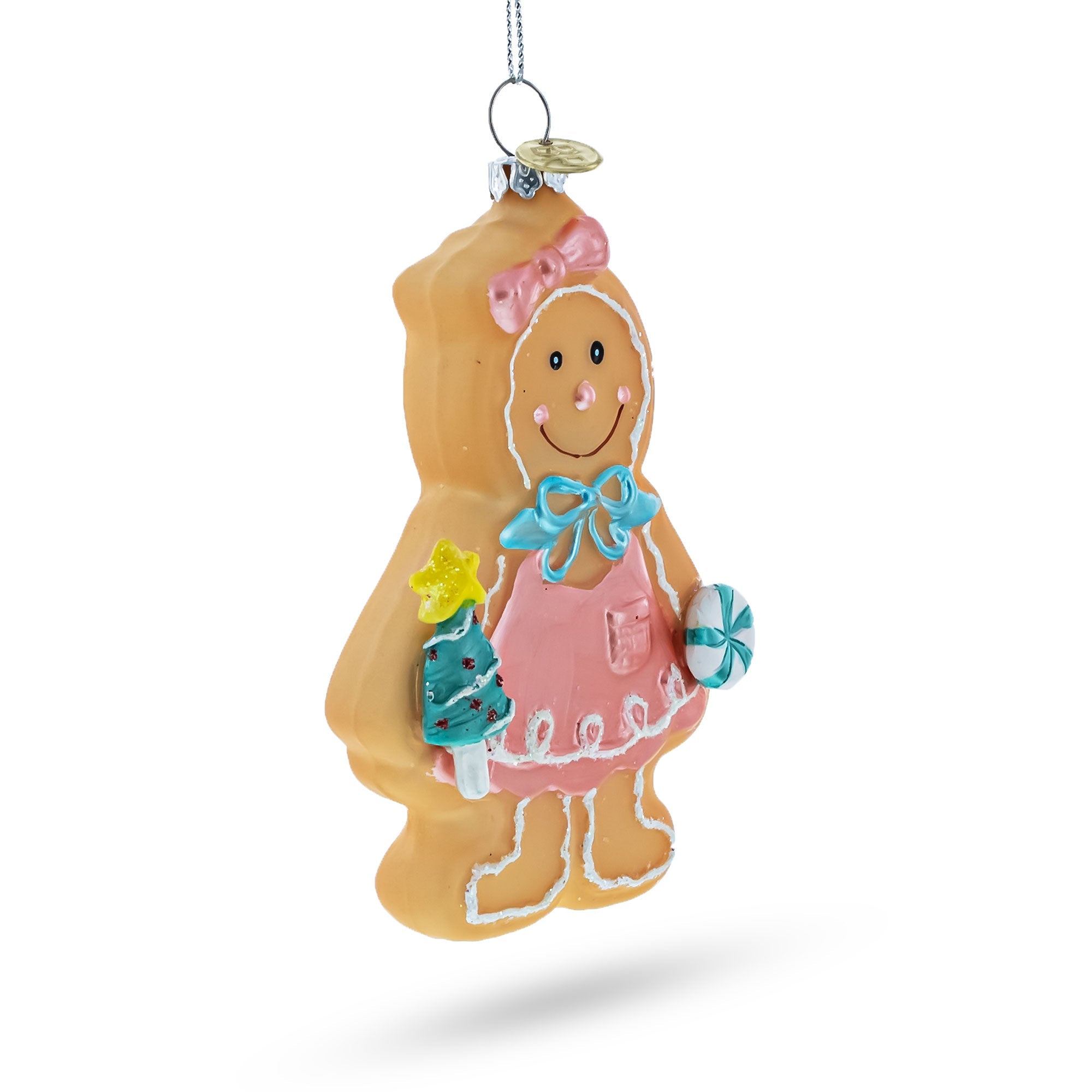 Sweet Gingerbread Girl In Festive Attire - Blown Glass Christmas Ornament