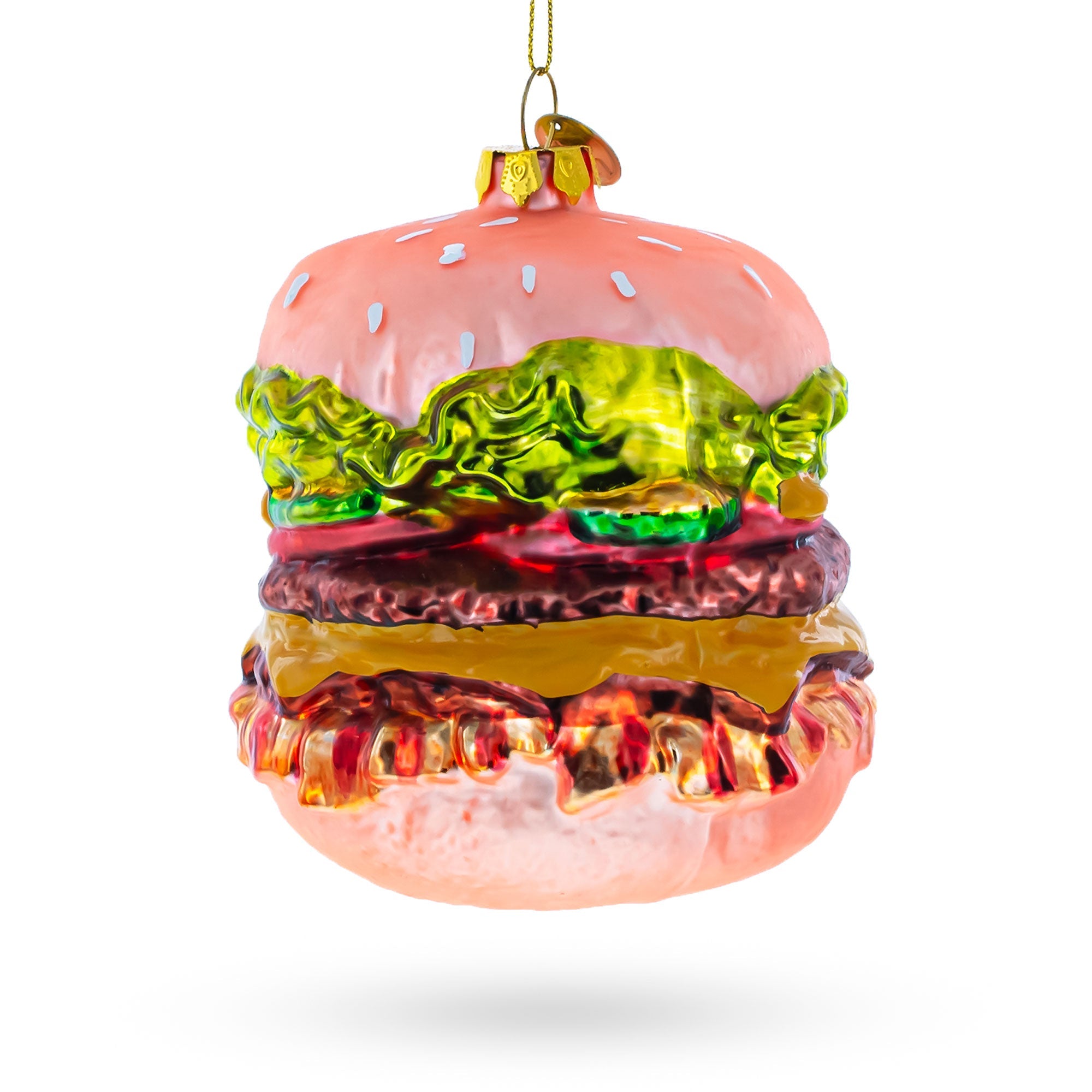 Mouth-watering Feast: Double Cheeseburger - Blown Glass Christmas Ornament