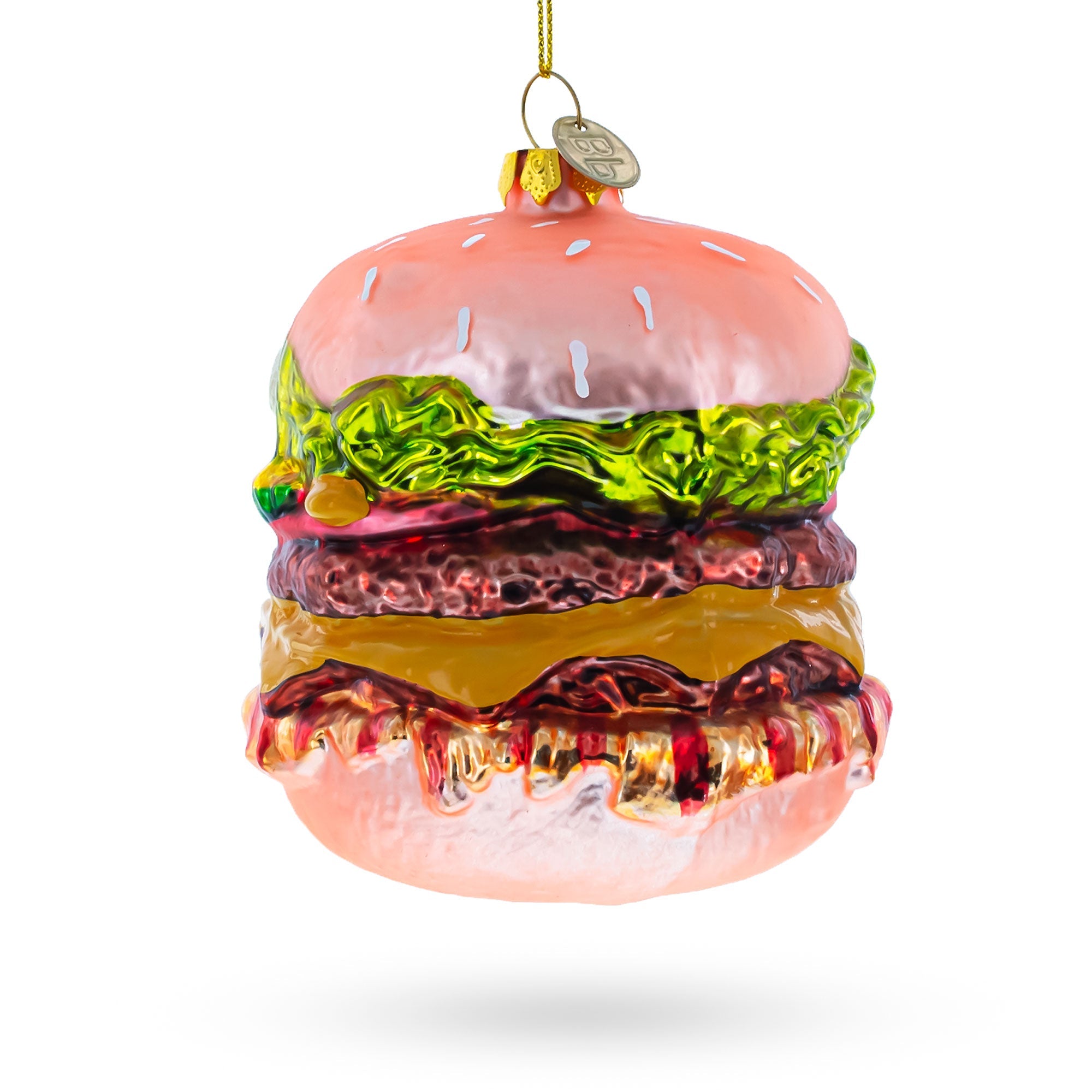 Mouth-watering Feast: Double Cheeseburger - Blown Glass Christmas Ornament