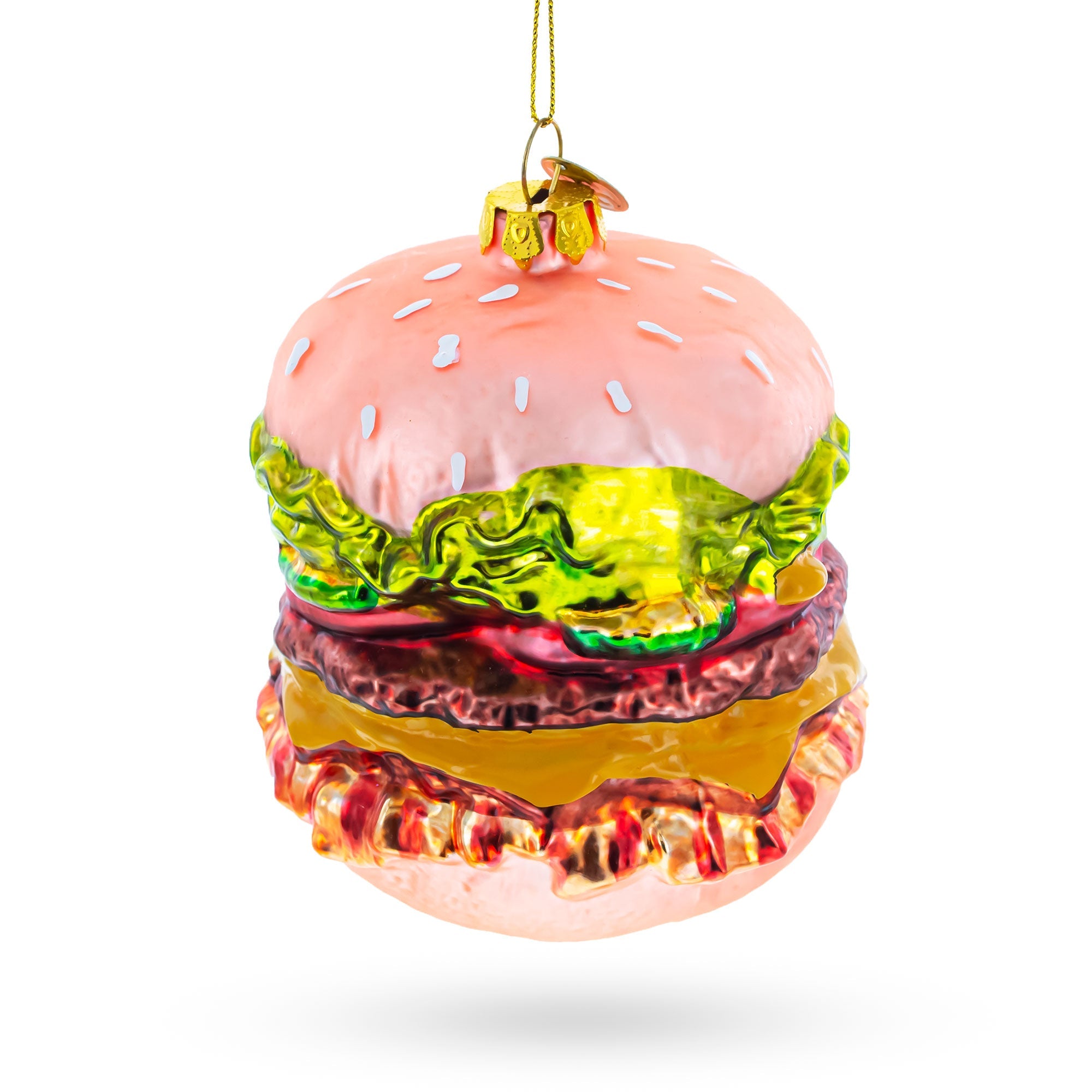 Mouth-watering Feast: Double Cheeseburger - Blown Glass Christmas Ornament