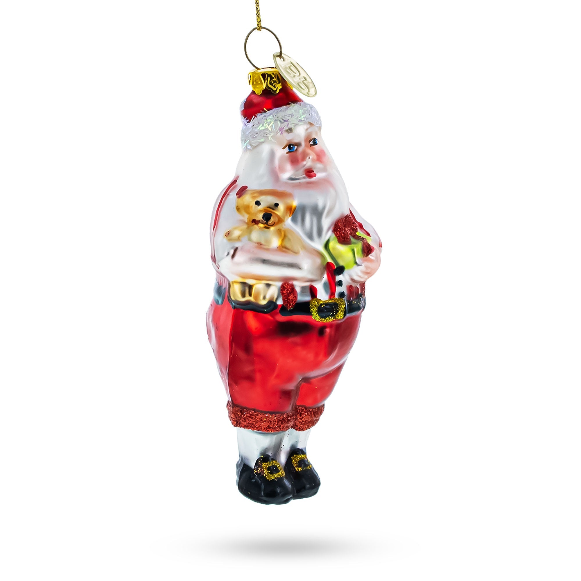 Santa's Cuddle Time: Santa Holding A Teddy Bear - Blown Glass Christmas Ornament