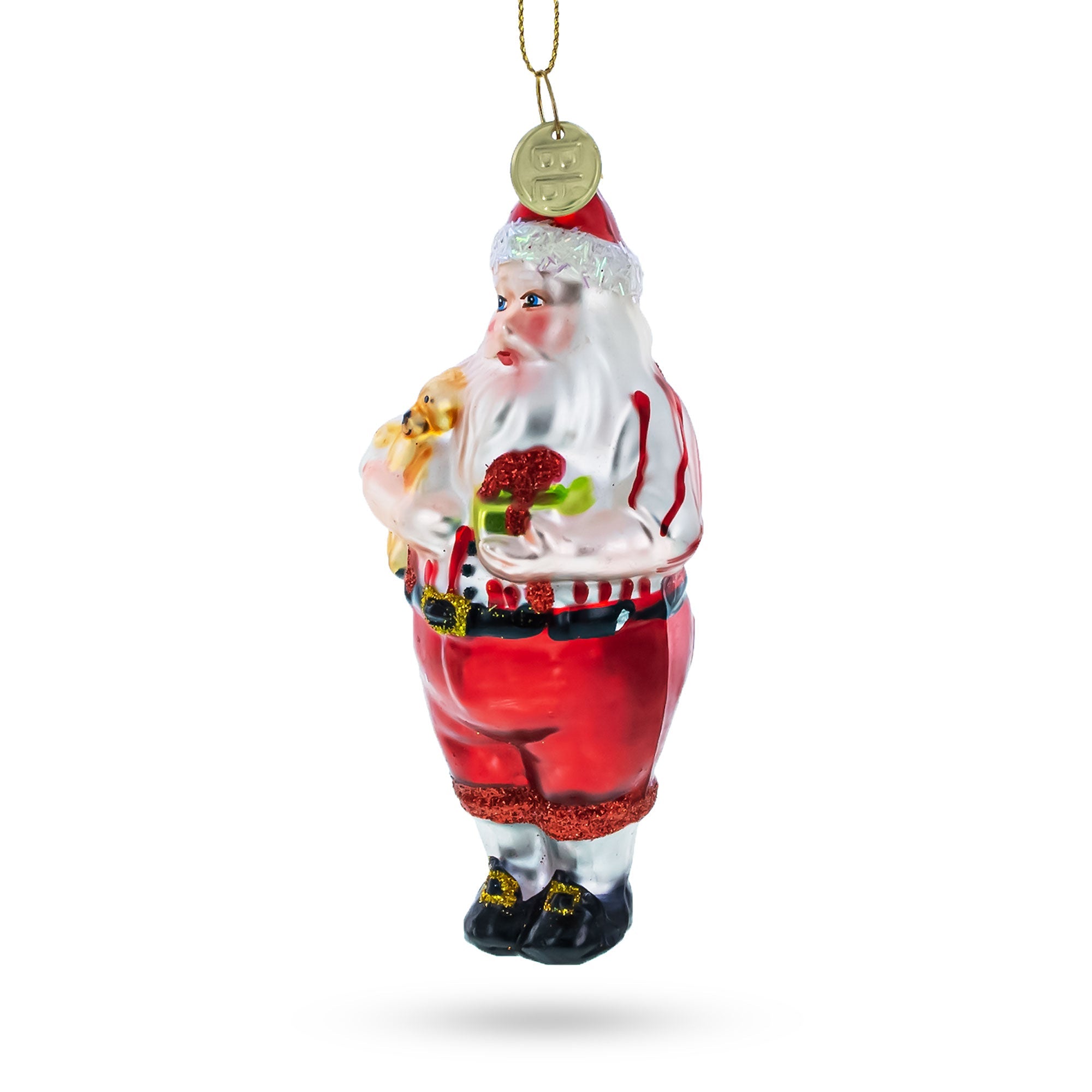 Santa's Cuddle Time: Santa Holding A Teddy Bear - Blown Glass Christmas Ornament