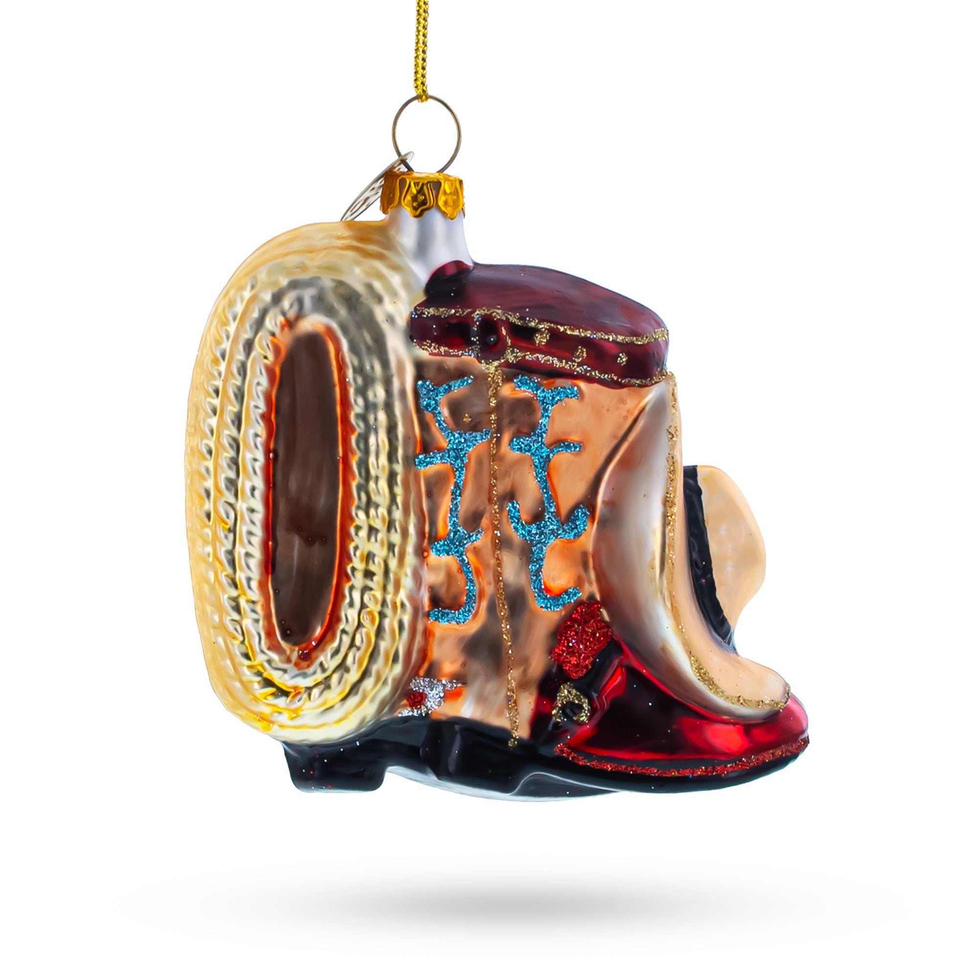 Yeehaw Holidays: Cowboy Boots And Hat - Blown Glass Christmas Ornament