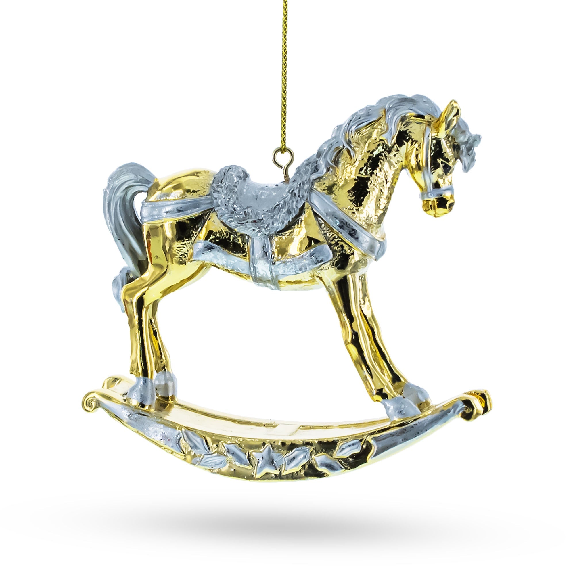 Elegant Golden Rocking Horse - Blown Glass Christmas Ornament