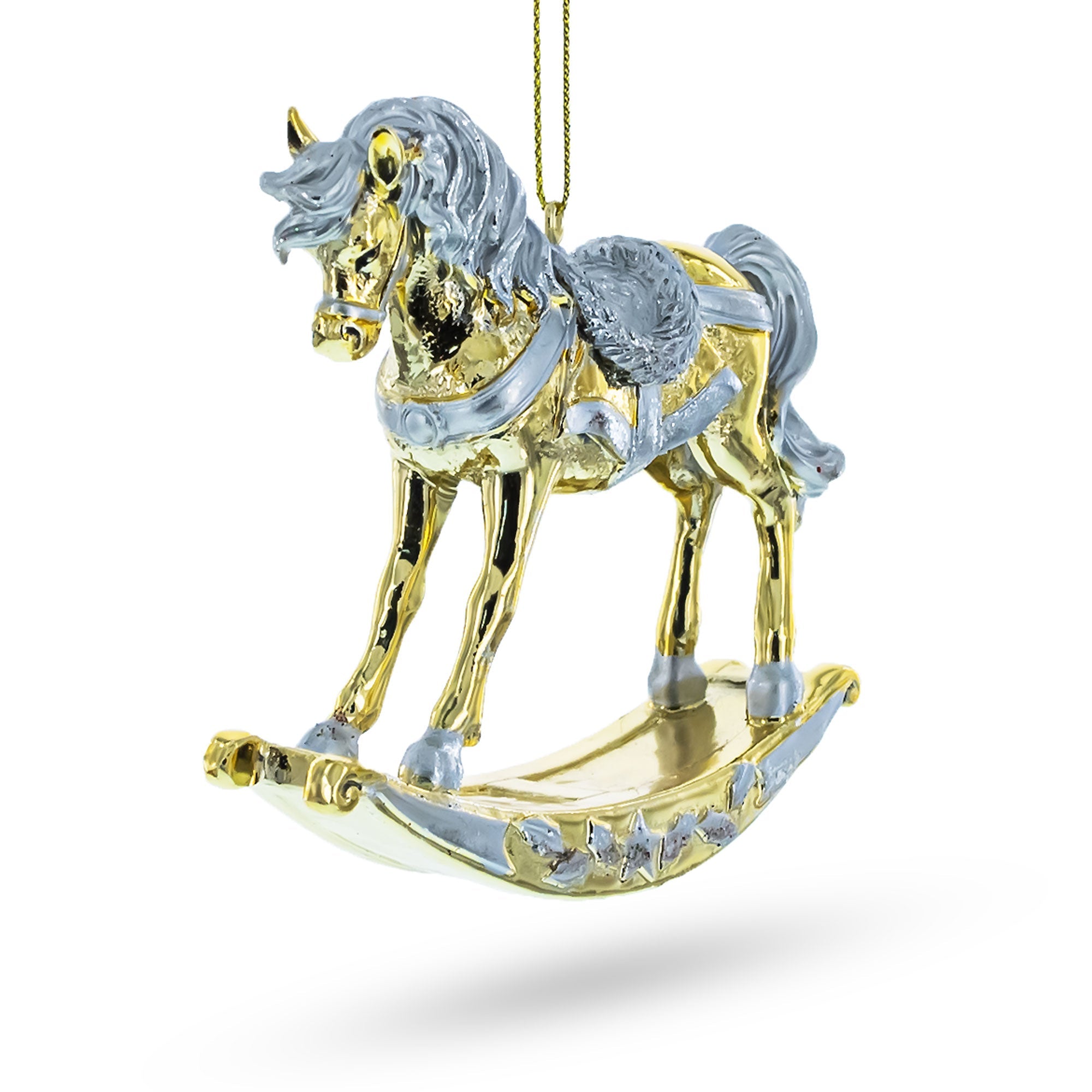 Elegant Golden Rocking Horse - Blown Glass Christmas Ornament